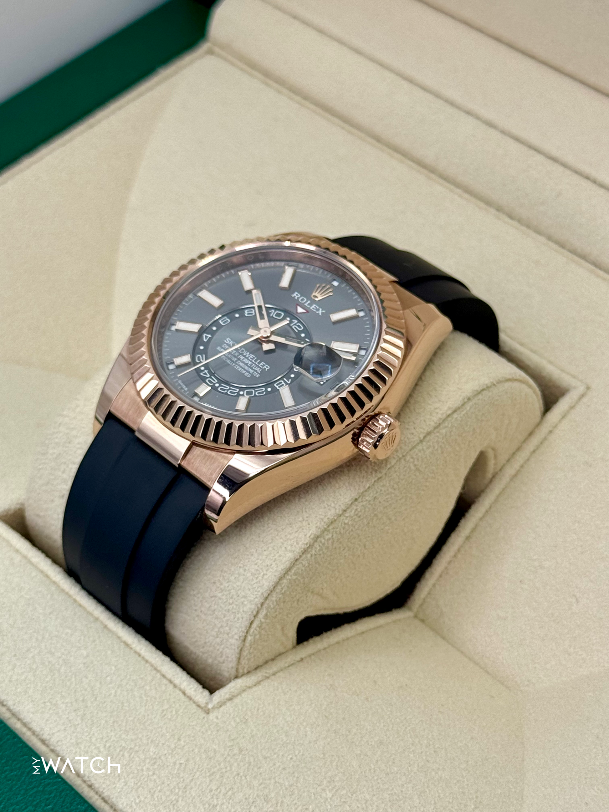 2021 Rolex Sky-Dweller 42mm 326235 Rose Gold Oysterflex Rhodium Dial - MyWatchLLC