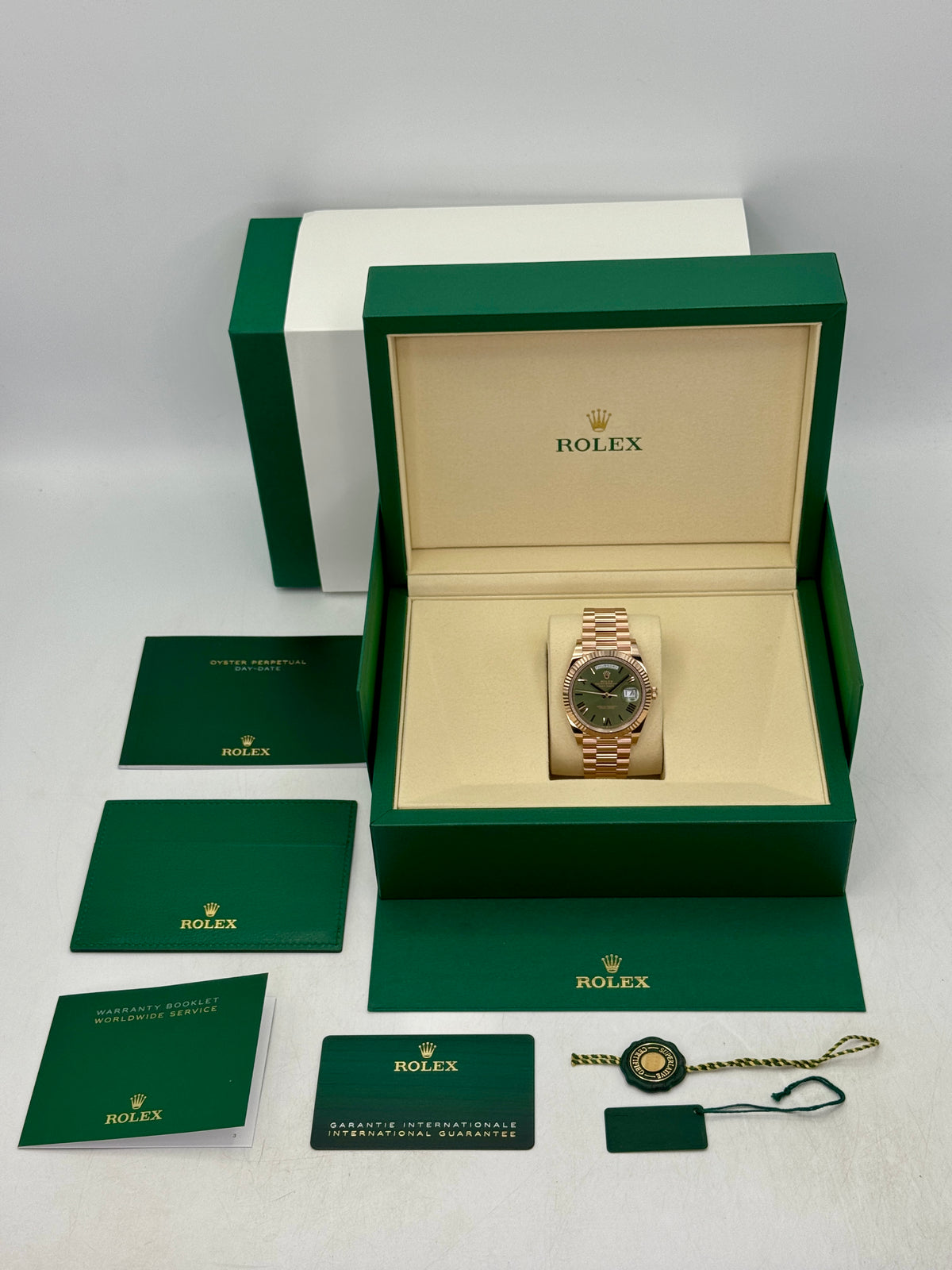 NEW 2026 Rolex Day-Date 40mm 228235 Presidential Rose Gold Olive Green Dial (NEW STYLE CARD)