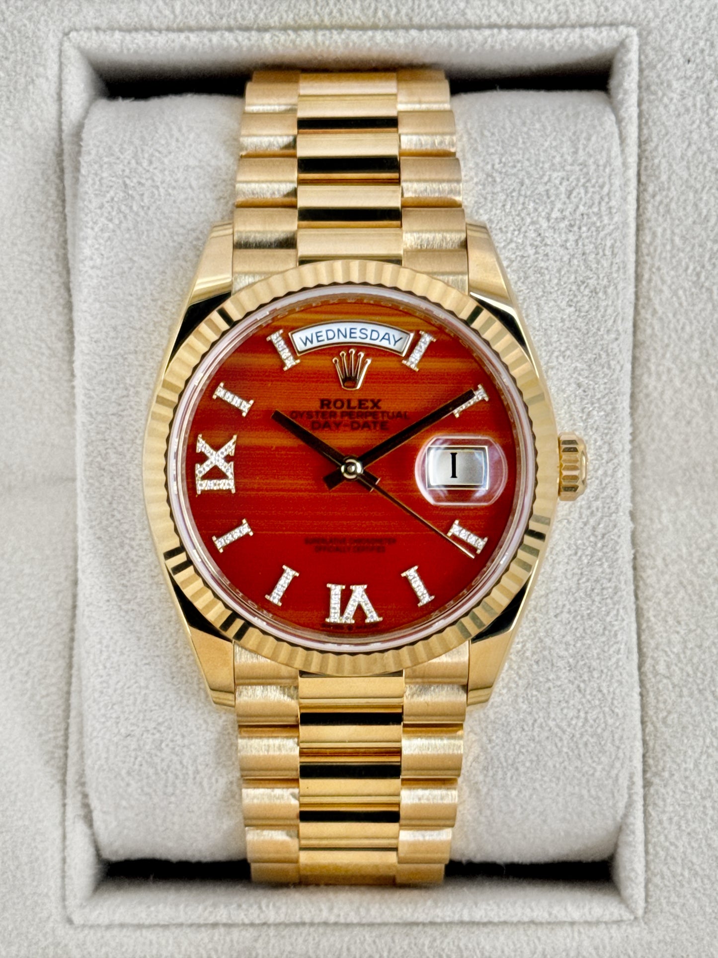 Rolex Day-Date 36mm 128238 Presidential Carnelian Diamond Dial