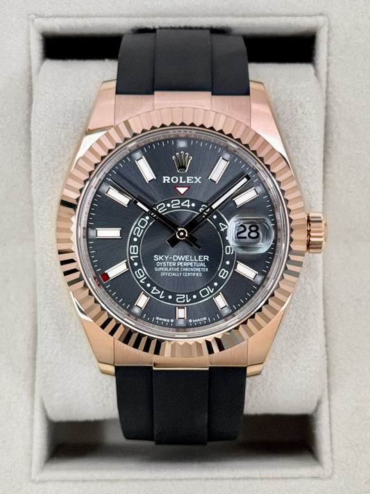 2024 Rolex Sky-Dweller 42mm 336235 Rose Gold Oysterflex Rhodium Slate Dial