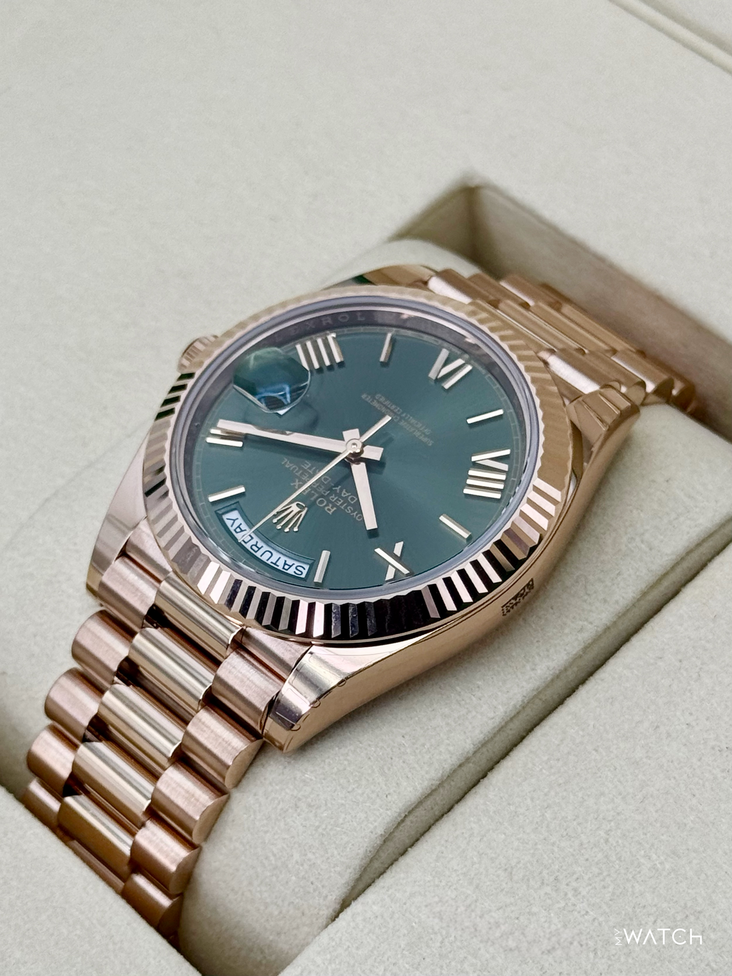 NEW 2025 Rolex Day-Date 40mm 228235 Presidential Rose Gold Olive Green Dial (STICKERED) - MyWatchLLC