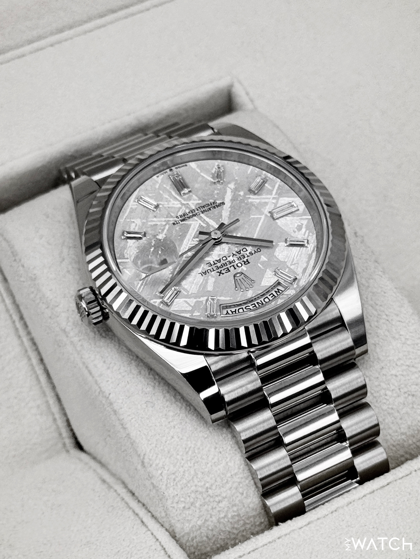 2025 Rolex Day-Date 40mm 228239 Presidential White Gold Meteorite Diamond Dial - MyWatchLLC