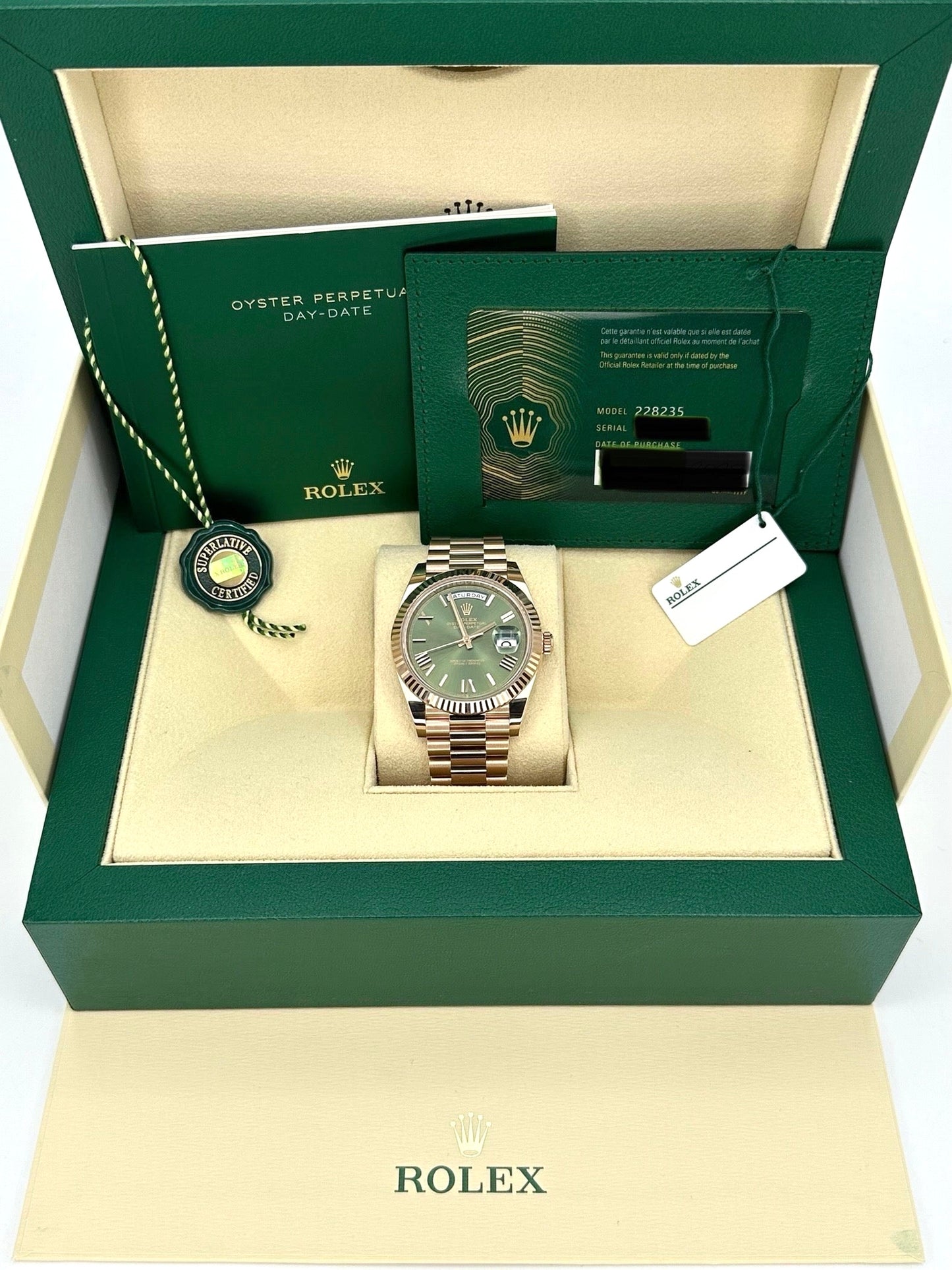 NEW 2024 Rolex Day-Date 40mm 228235 Presidential Rose Gold Olive Dial - MyWatchLLC