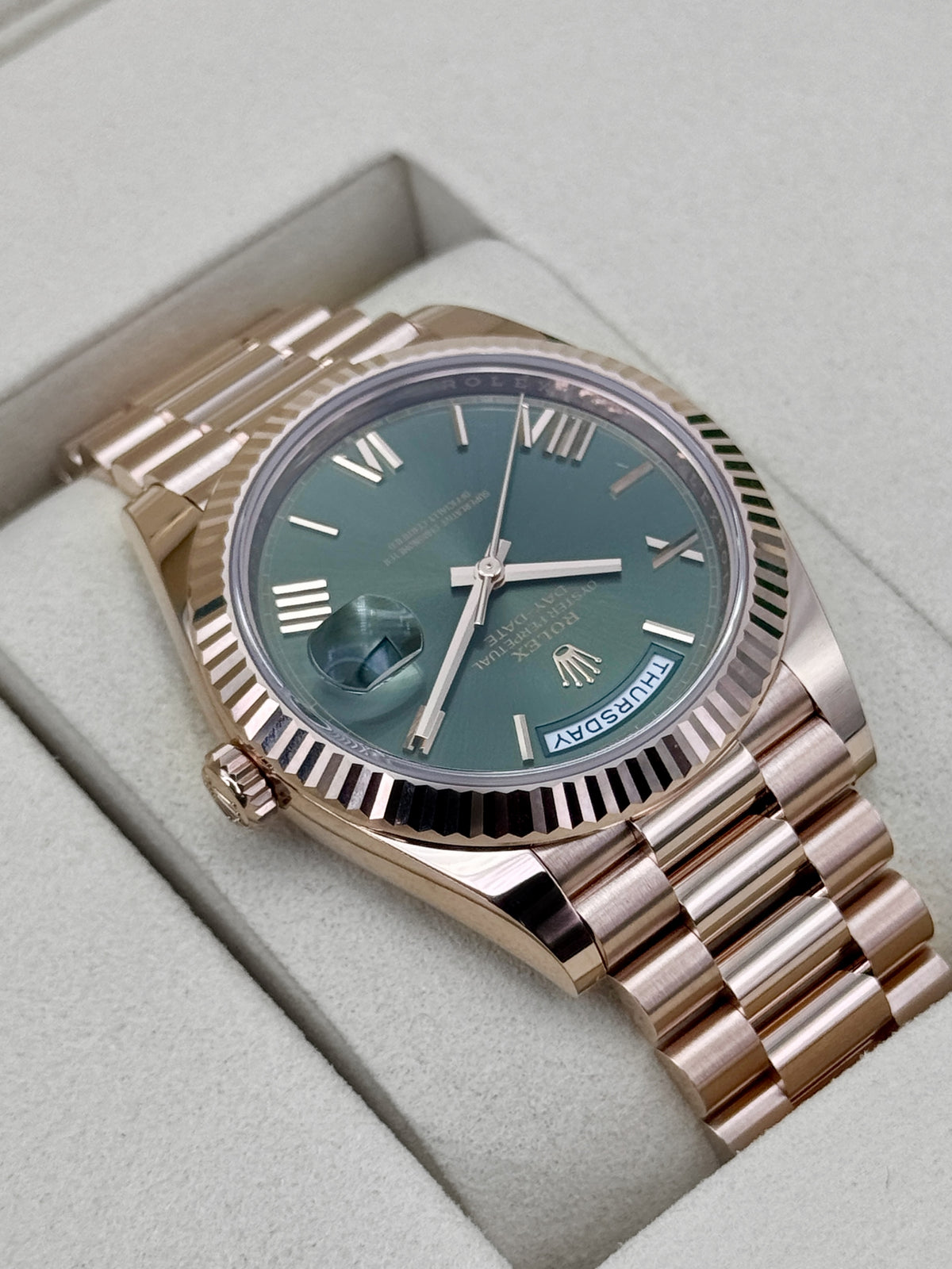 NEW 2026 Rolex Day-Date 40mm 228235 Presidential Rose Gold Olive Green Dial (NEW STYLE CARD)