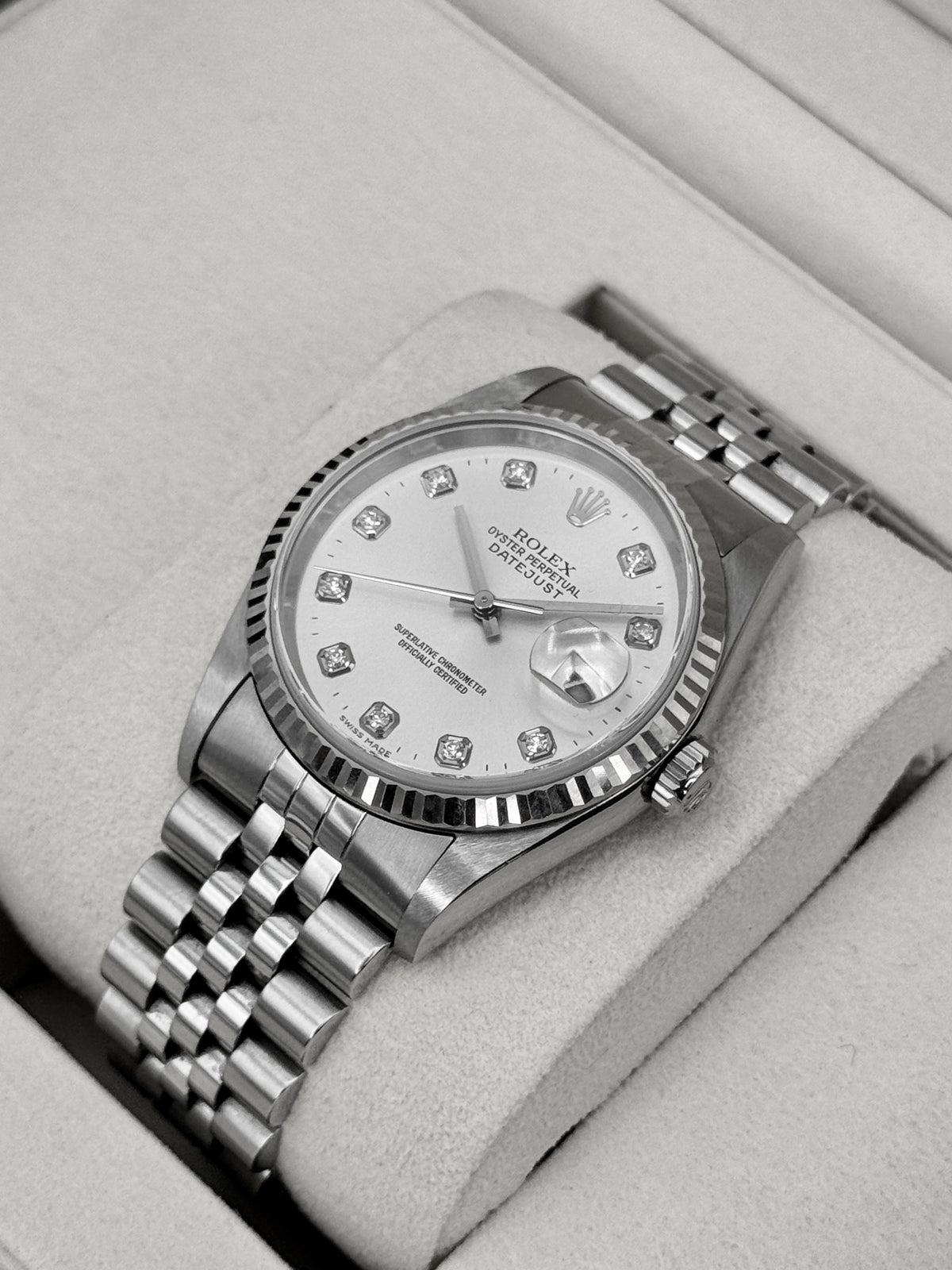 2004 Rolex Datejust 36mm 16234 Stainless Steel Jubilee Silver Diamond Dial (Collectors Set)