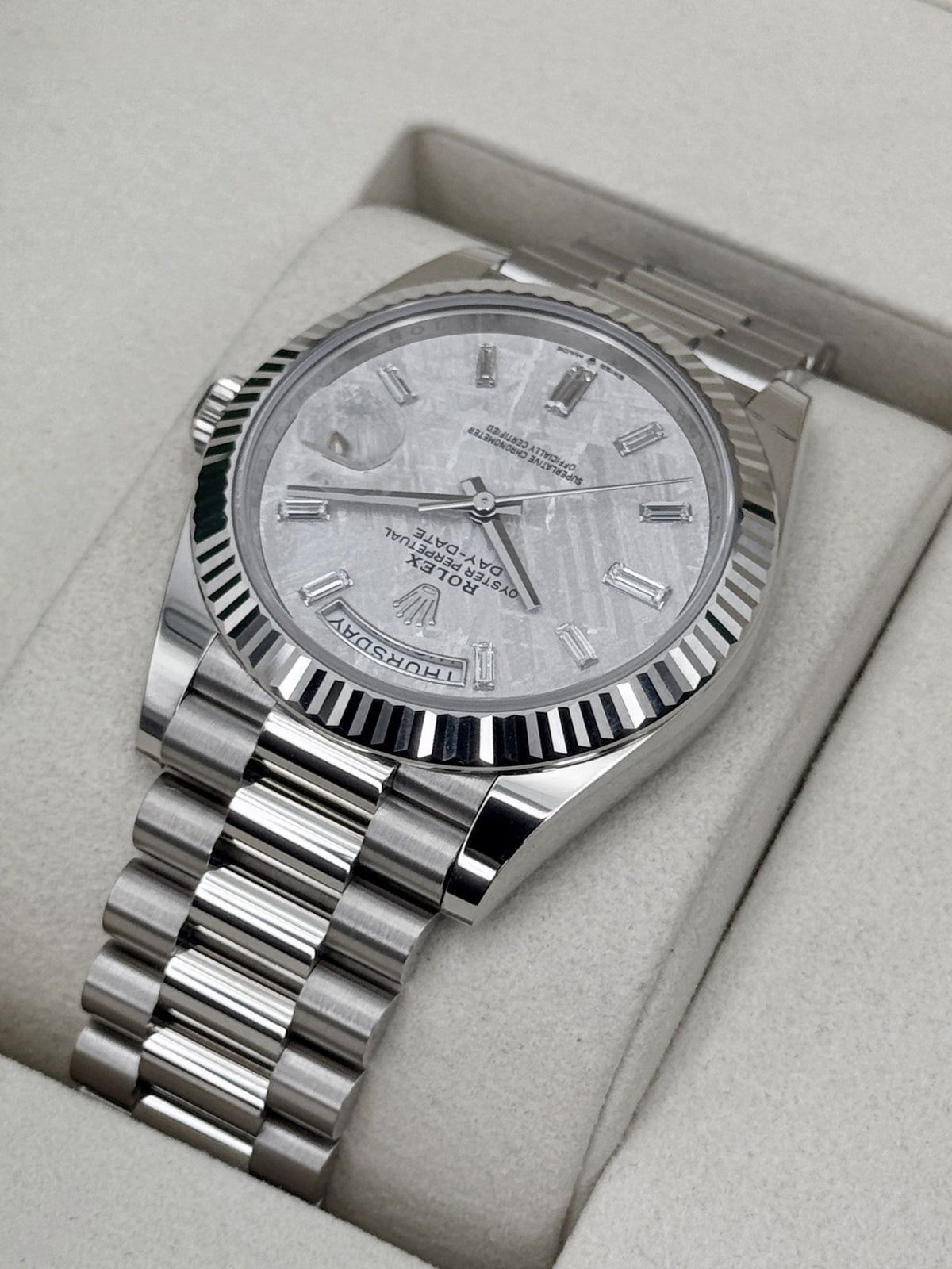 NEW 2026 Rolex Day-Date 40mm 228239 White Gold Meteorite Diamond Dial (NEW STYLE CARD)