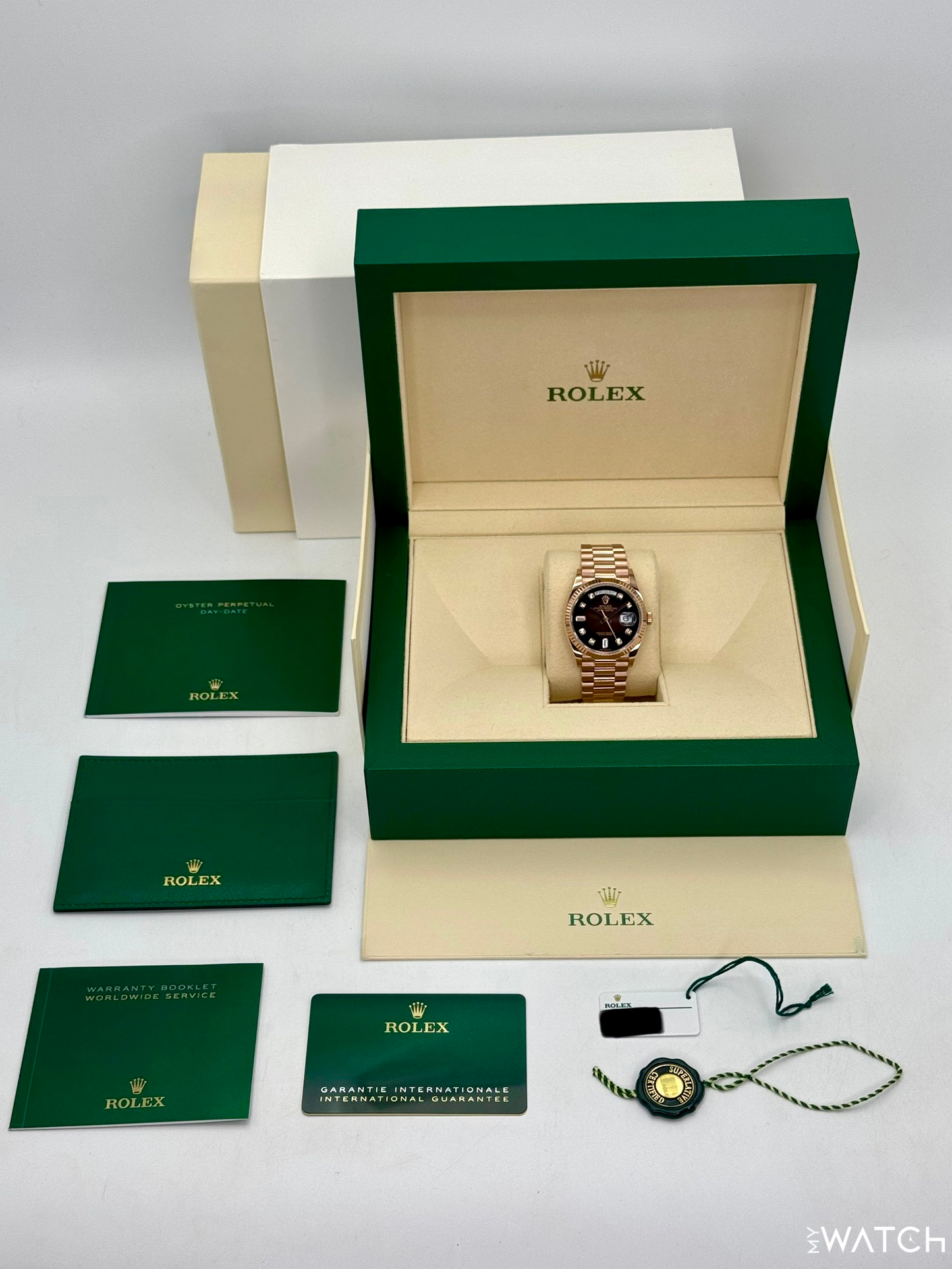 2022 Rolex Day-Date 40mm 128235 Rose Gold Chocolate Diamond Dial