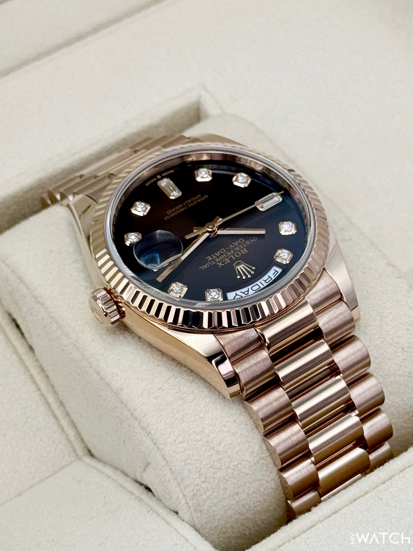 2022 Rolex Day-Date 40mm 128235 Rose Gold Chocolate Diamond Dial