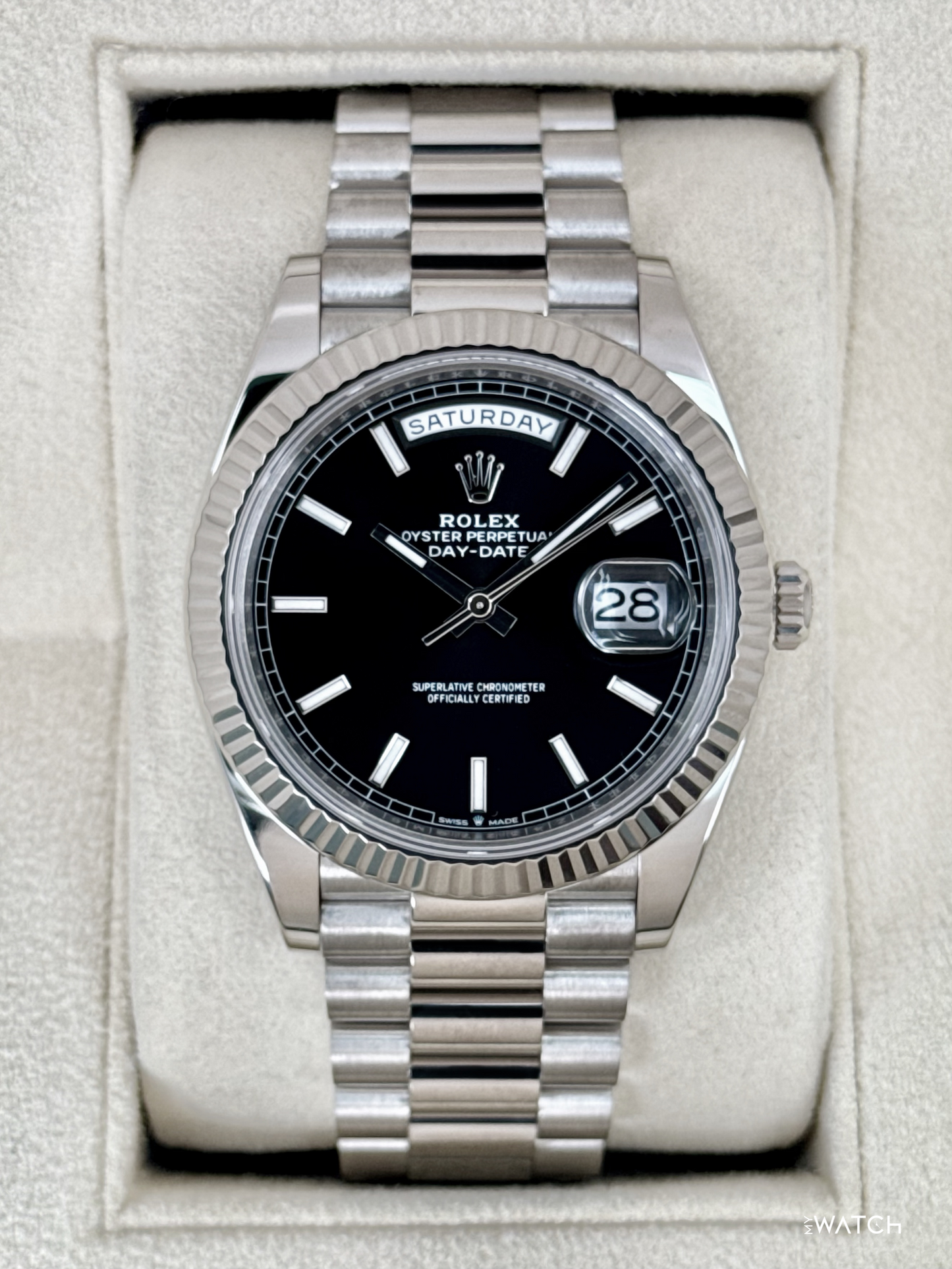2025 Rolex Day-Date 40mm 228239 Presidential 18kt White Gold Black Dial - MyWatchLLC