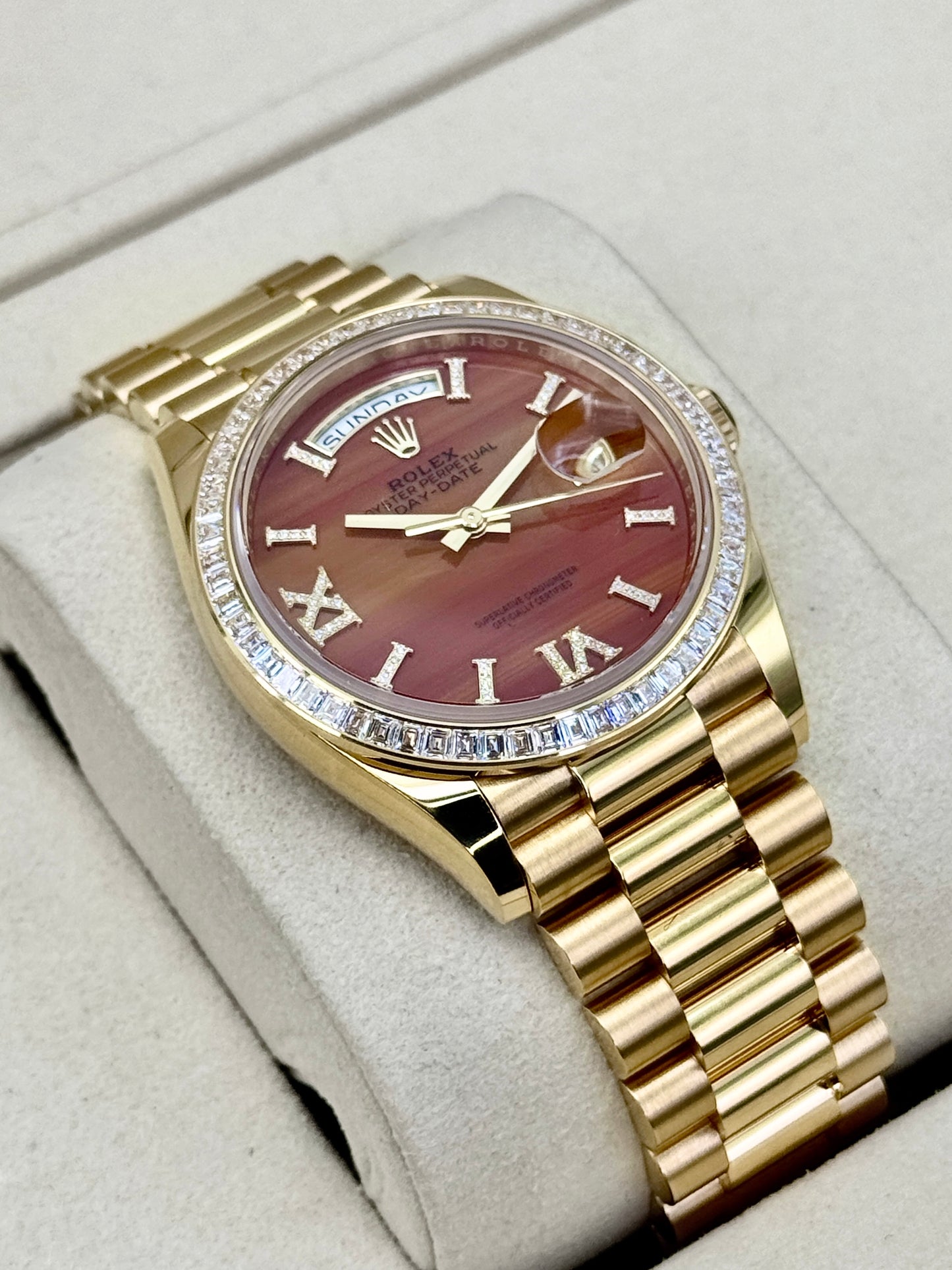 NEW 2026 Rolex Day-Date 36mm 128398TBR Presidential Yellow Gold Carnelian Diamond Dial