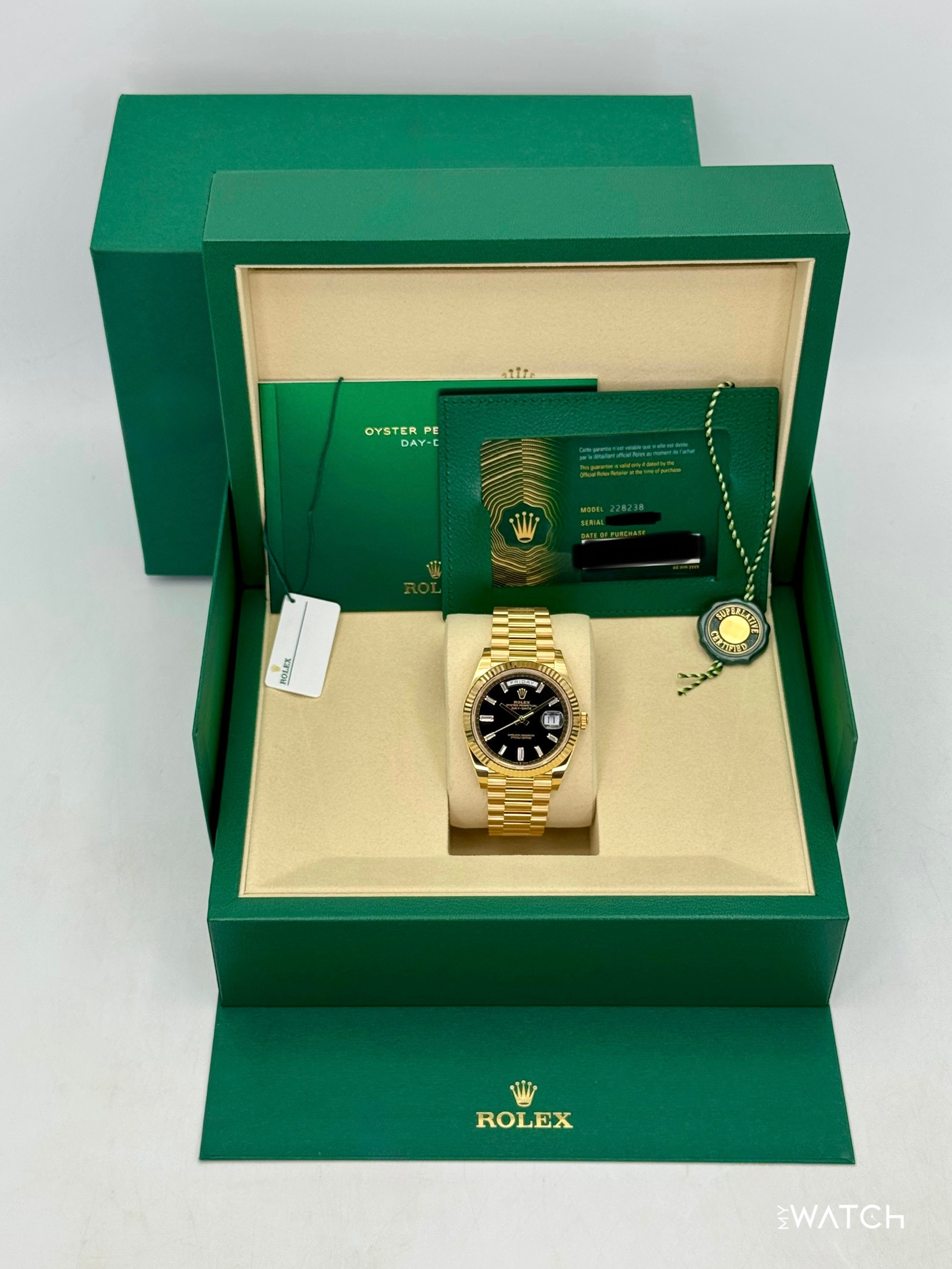 NEW 2026 Rolex Day-Date 40mm 228238 Yellow Gold Black Diamond Dial - MyWatchLLC