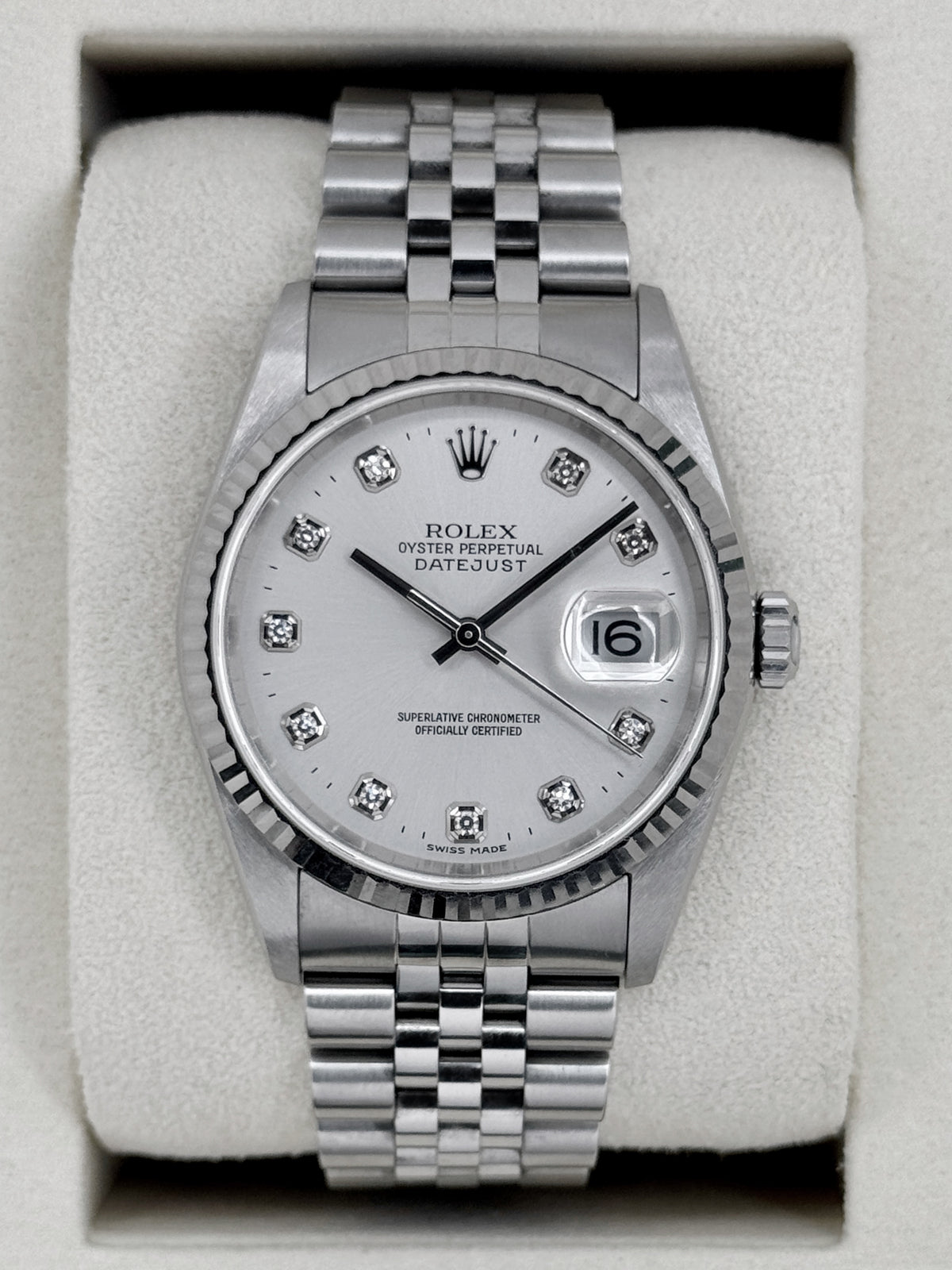 2004 Rolex Datejust 36mm 16234 Stainless Steel Jubilee Silver Diamond Dial (Collectors Set)