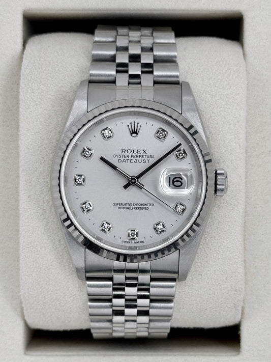 2004 Rolex Datejust 36mm 16234 Stainless Steel Jubilee Silver Diamond Dial (Collectors Set)