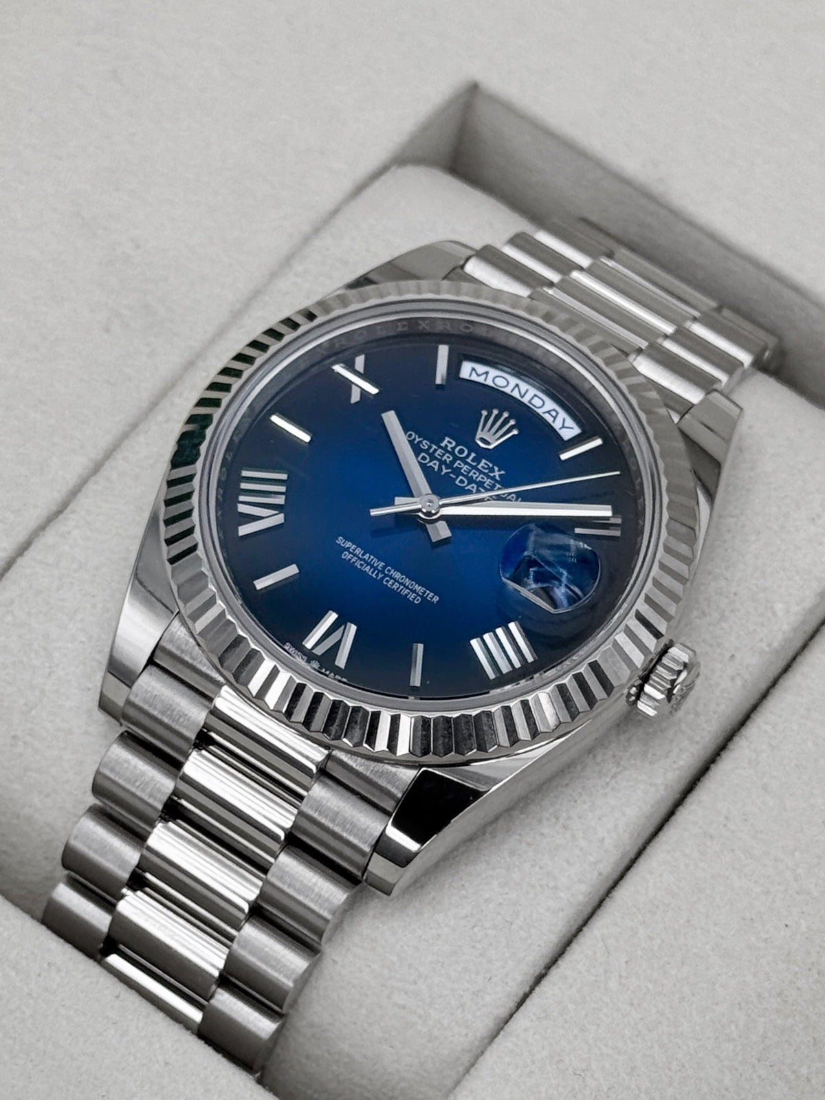 NEW 2026 Rolex Day-Date 40mm 228239 Presidential White Gold Blue Ombre Dial