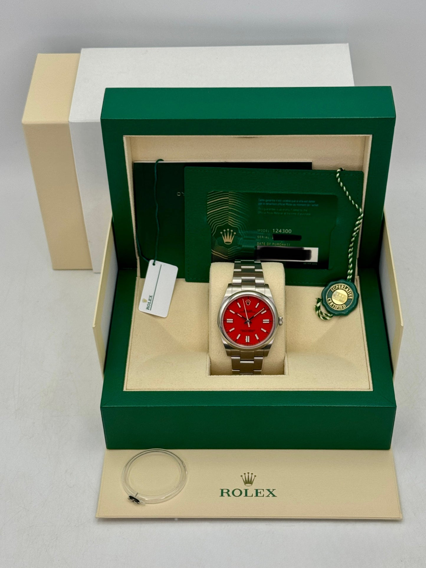 NEW Rolex Oyster Perpetual 41mm 124300 Coral Red Dial