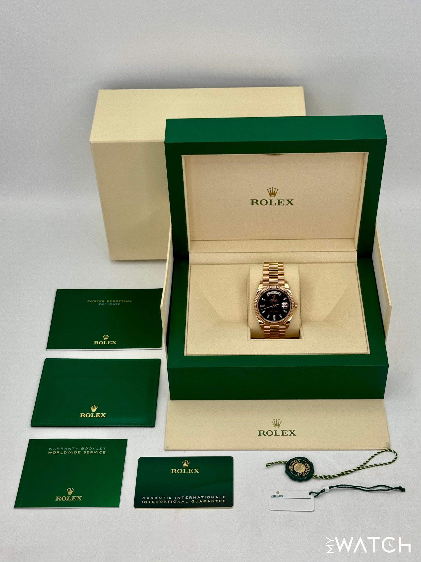 2023 Rolex Day-Date 40mm 228235 Rose Gold Eisenkiesal Baguette Dial