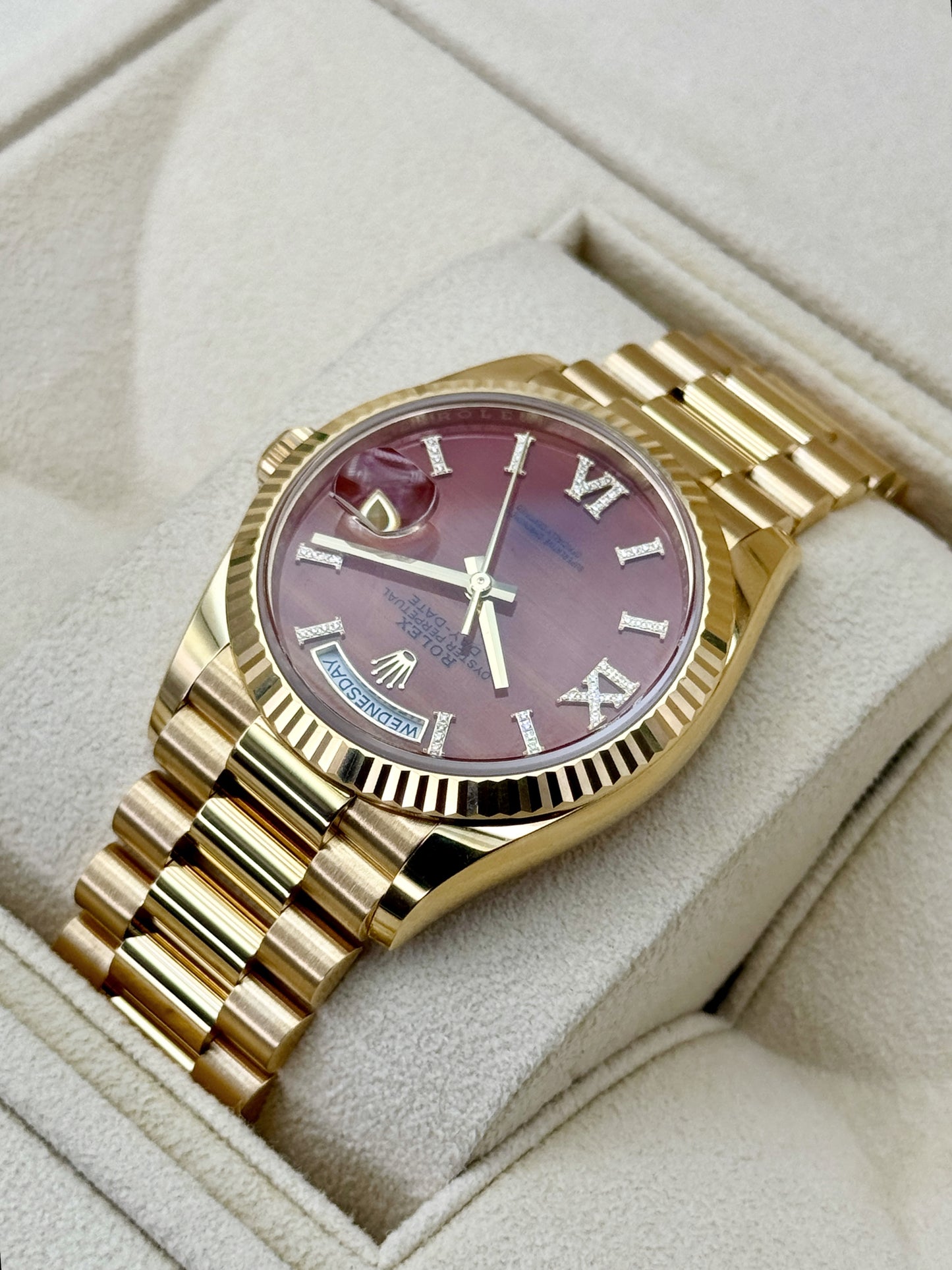 Rolex Day-Date 36mm 128238 Presidential Carnelian Diamond Dial