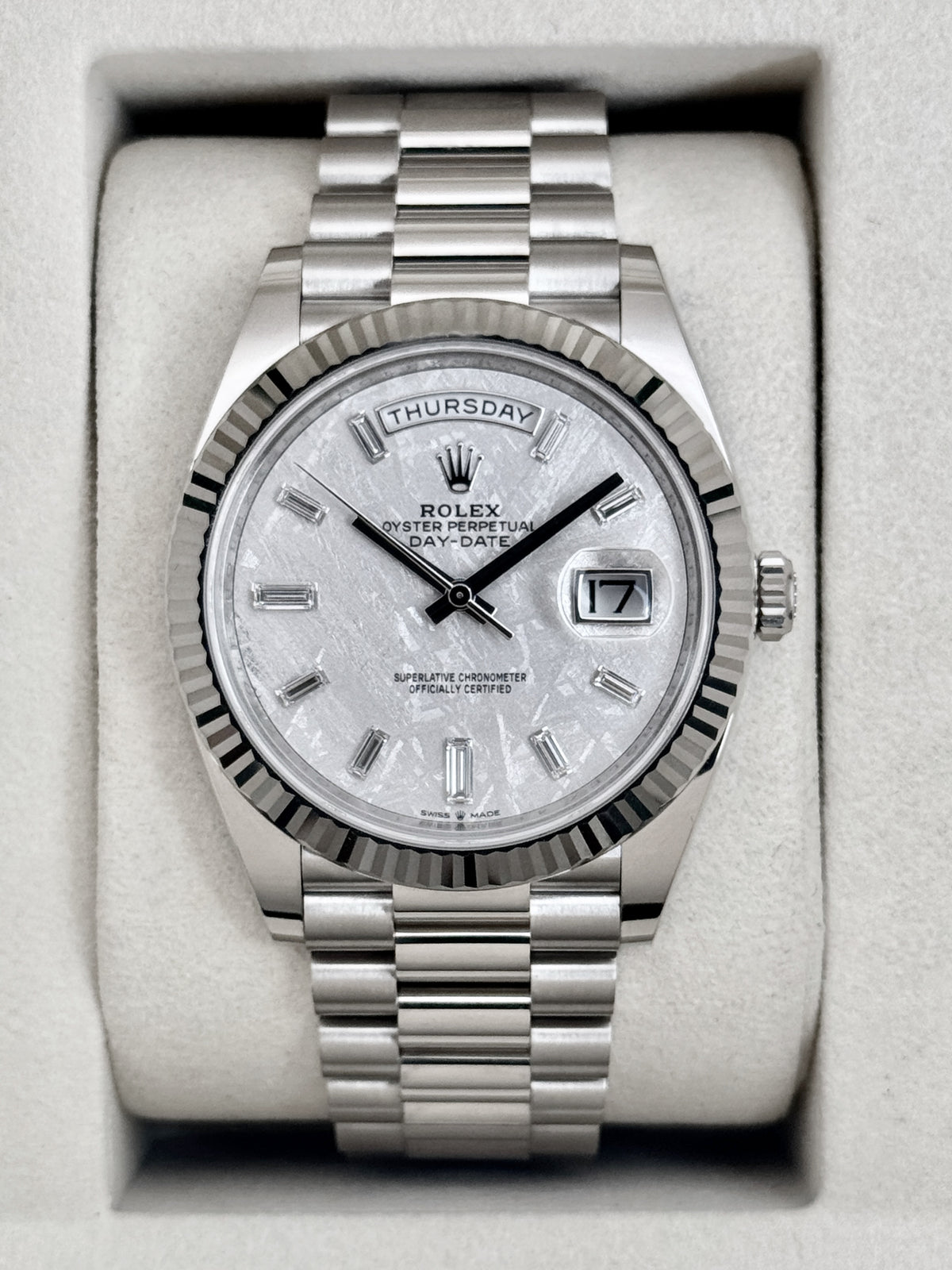 NEW 2026 Rolex Day-Date 40mm 228239 White Gold Meteorite Diamond Dial (NEW STYLE CARD)