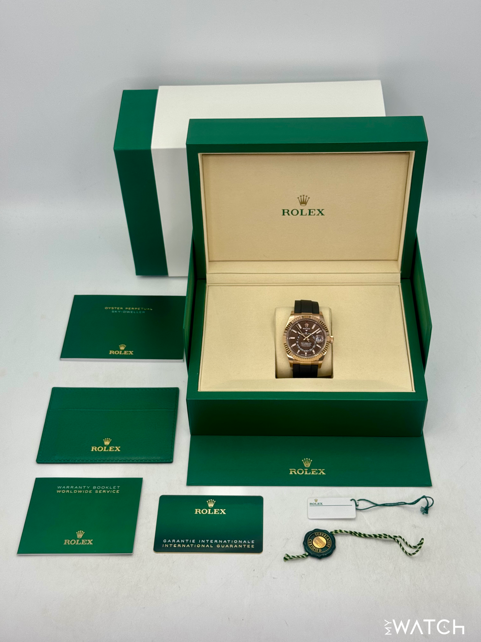 2025 Rolex Sky-Dweller 42mm 336235 Rose Gold Oysterflex Chocolate Dial - MyWatchLLC