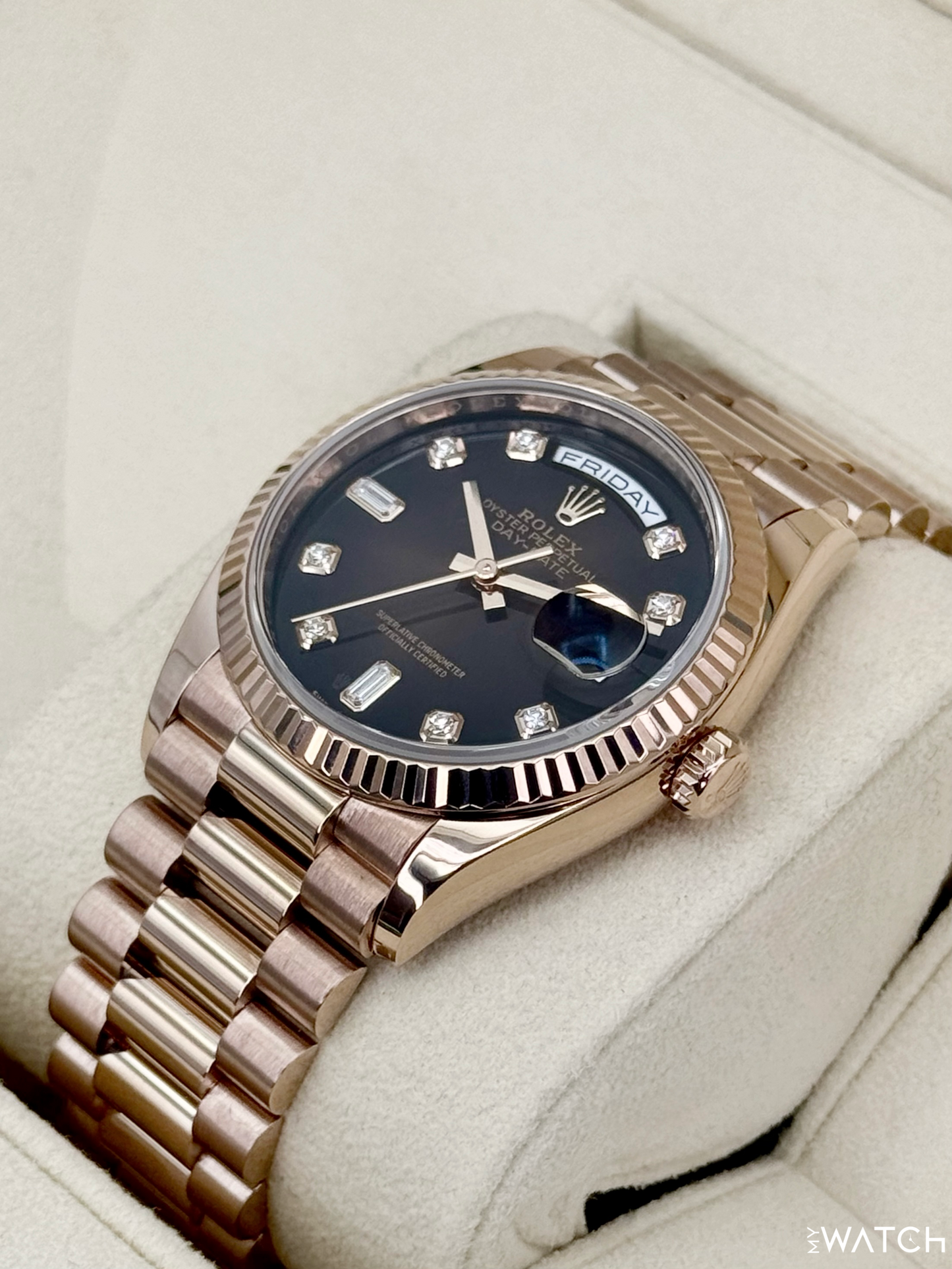 2022 Rolex Day-Date 40mm 128235 Rose Gold Chocolate Diamond Dial