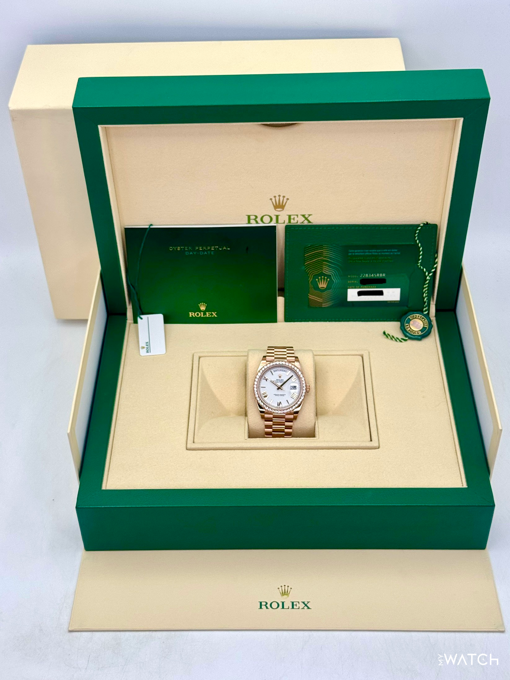 2022 Rolex Day-Date 40mm 228345RBR Rose Gold White Dial (CPO) - MyWatchLLC
