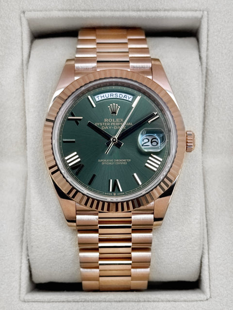 NEW 2025 Rolex Day-Date 40mm 228235 Presidential Rose Gold Olive Green Dial