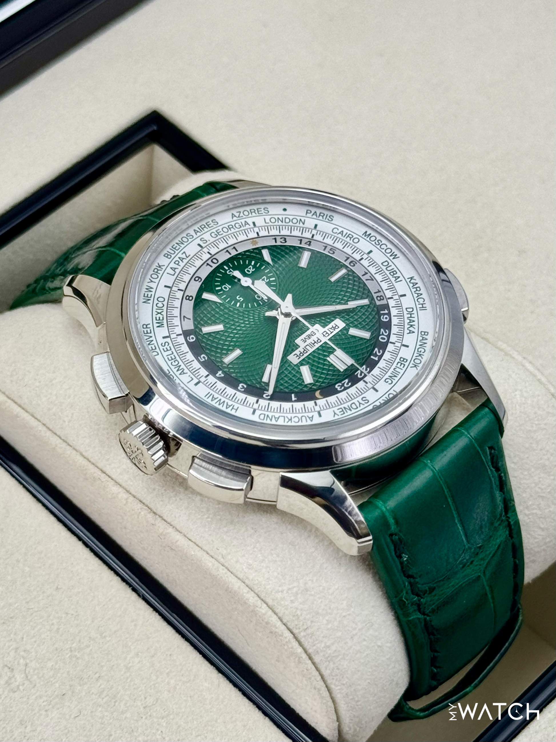 2025 Patek Philippe 5930P World Time Flyback Chronograph Platinum Green Dial - MyWatchLLC