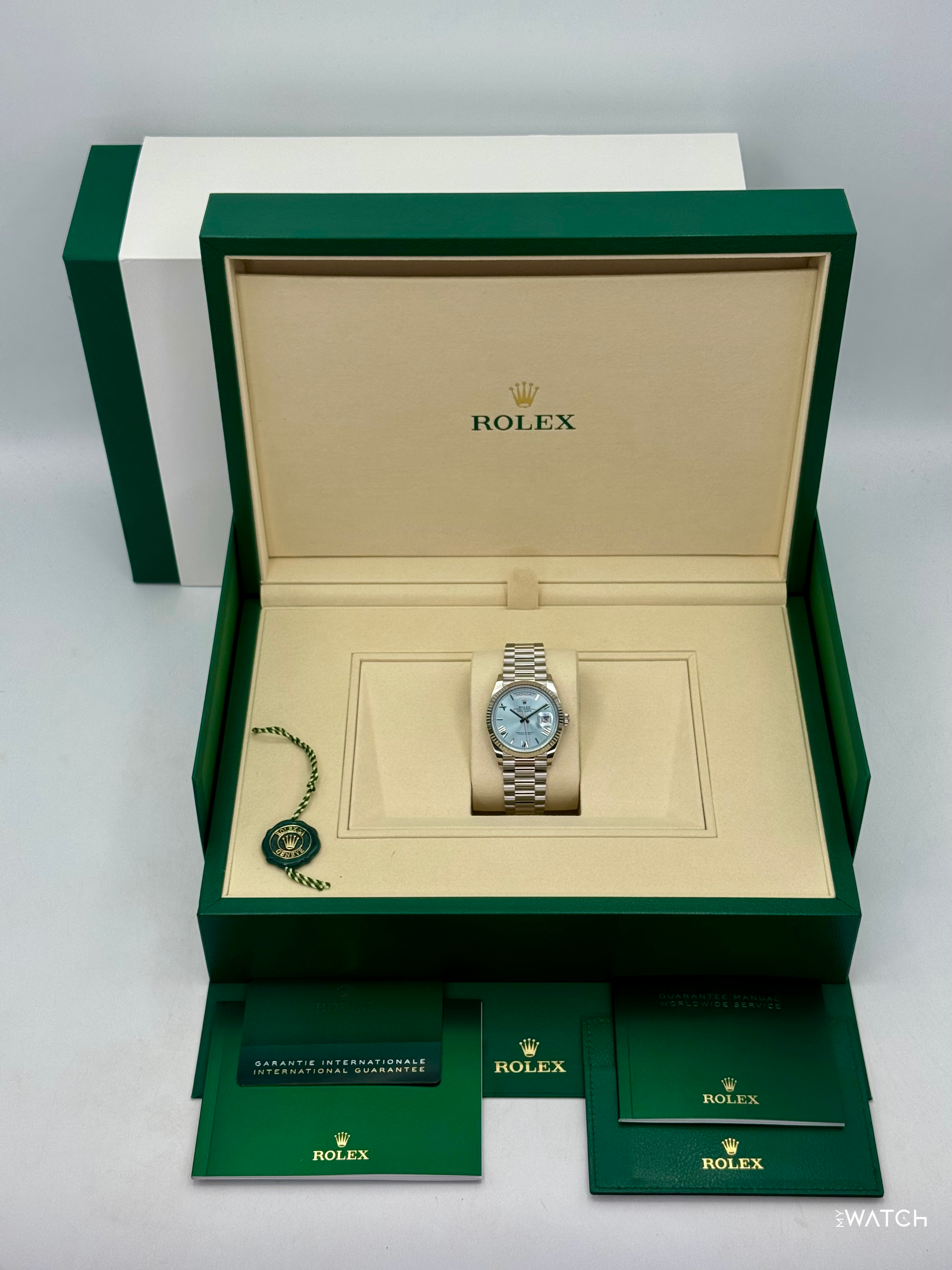 NEW 2026 Rolex Day-Date Platinum 36mm 128236 Ice Blue Roman Dial - MyWatchLLC