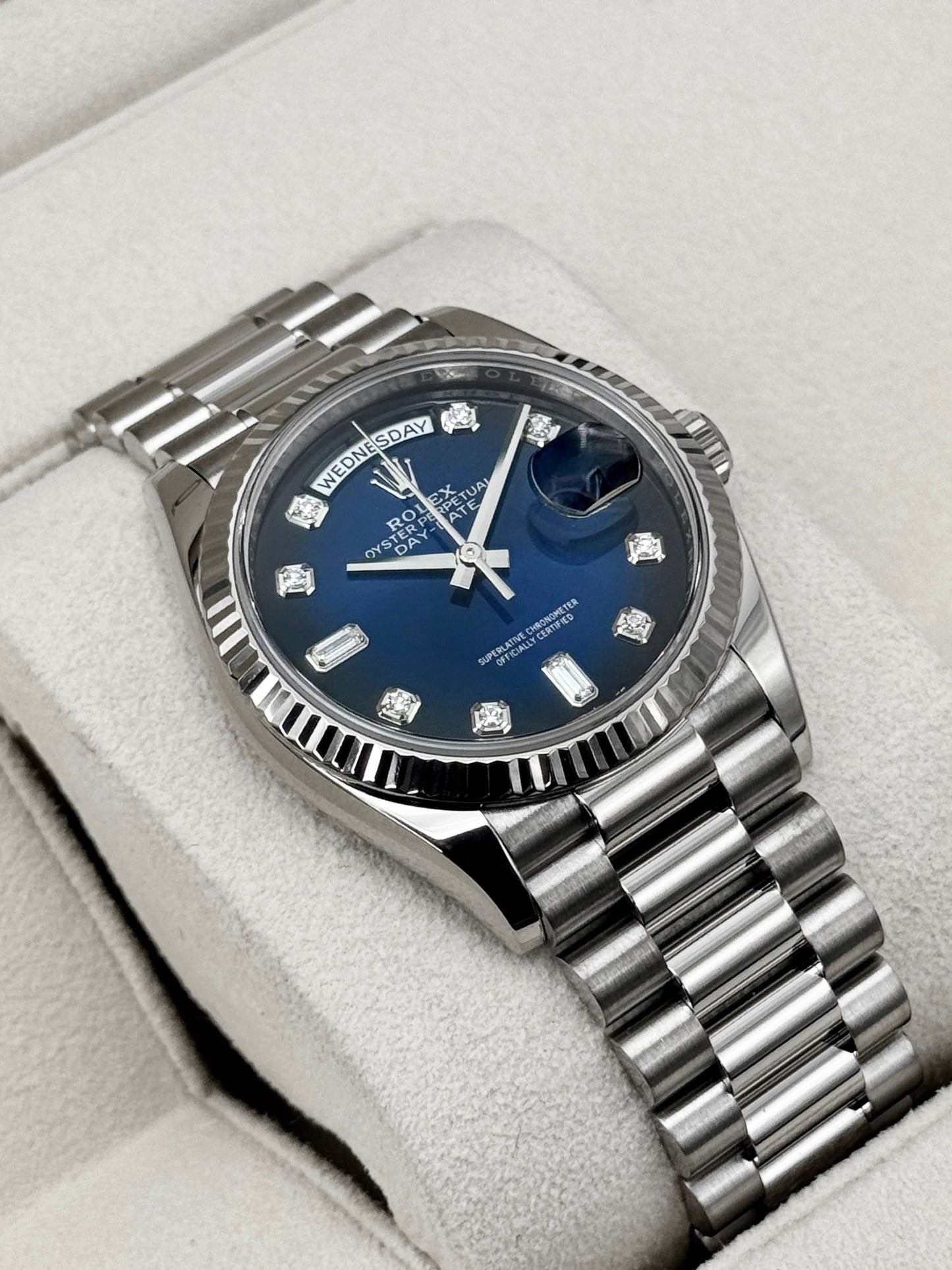2024 Rolex Day-Date 36mm 128239 Presidential White Gold Blue Ombre Diamond Dial