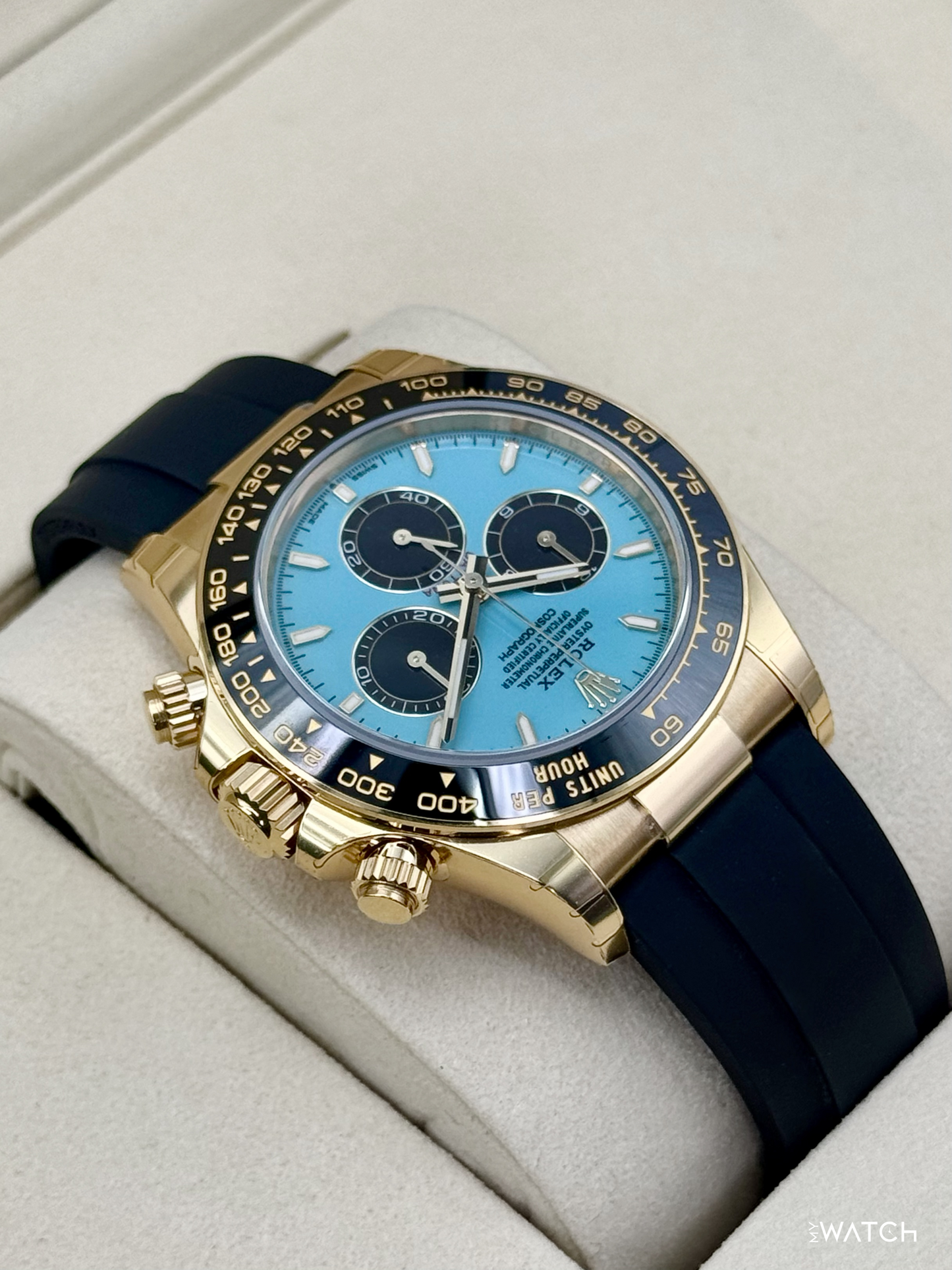 NEW 2026 Rolex Daytona 40mm 126518LN Yellow Gold Oysterflex Turquoise Dial (STICKERED) - MyWatchLLC