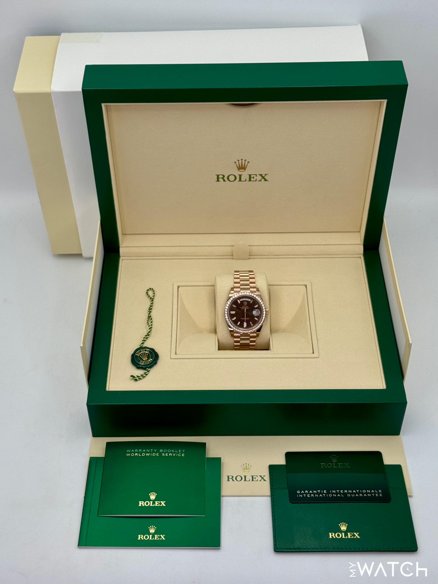 2022 Rolex Day-Date 40mm 228345RBR Rose Gold Chocolate Diamond Dial (STICKERED)