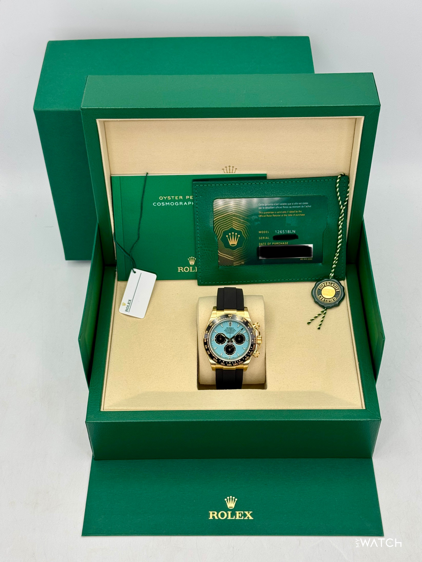 NEW 2026 Rolex Daytona 40mm 126518LN Yellow Gold Oysterflex Turquoise Dial (STICKERED) - MyWatchLLC