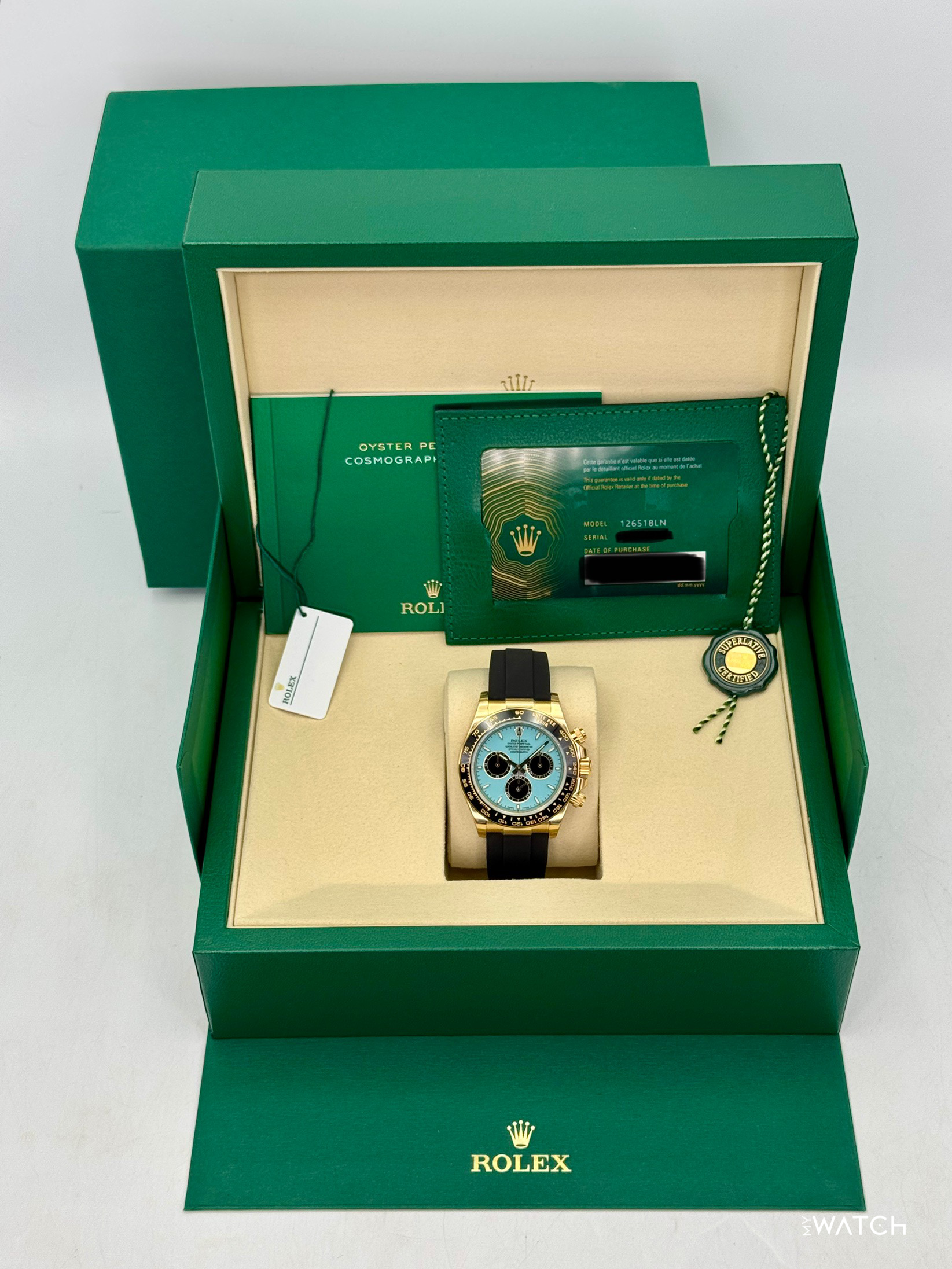 NEW 2026 Rolex Daytona 40mm 126518LN Yellow Gold Oysterflex Turquoise Dial (STICKERED) - MyWatchLLC