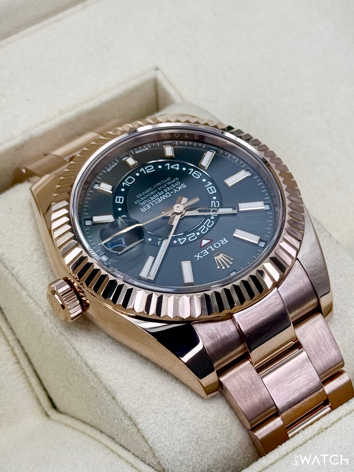 2019 Rolex Sky-Dweller 42mm 326935 Rose Gold Oyster Rhodium Dial - MyWatchLLC
