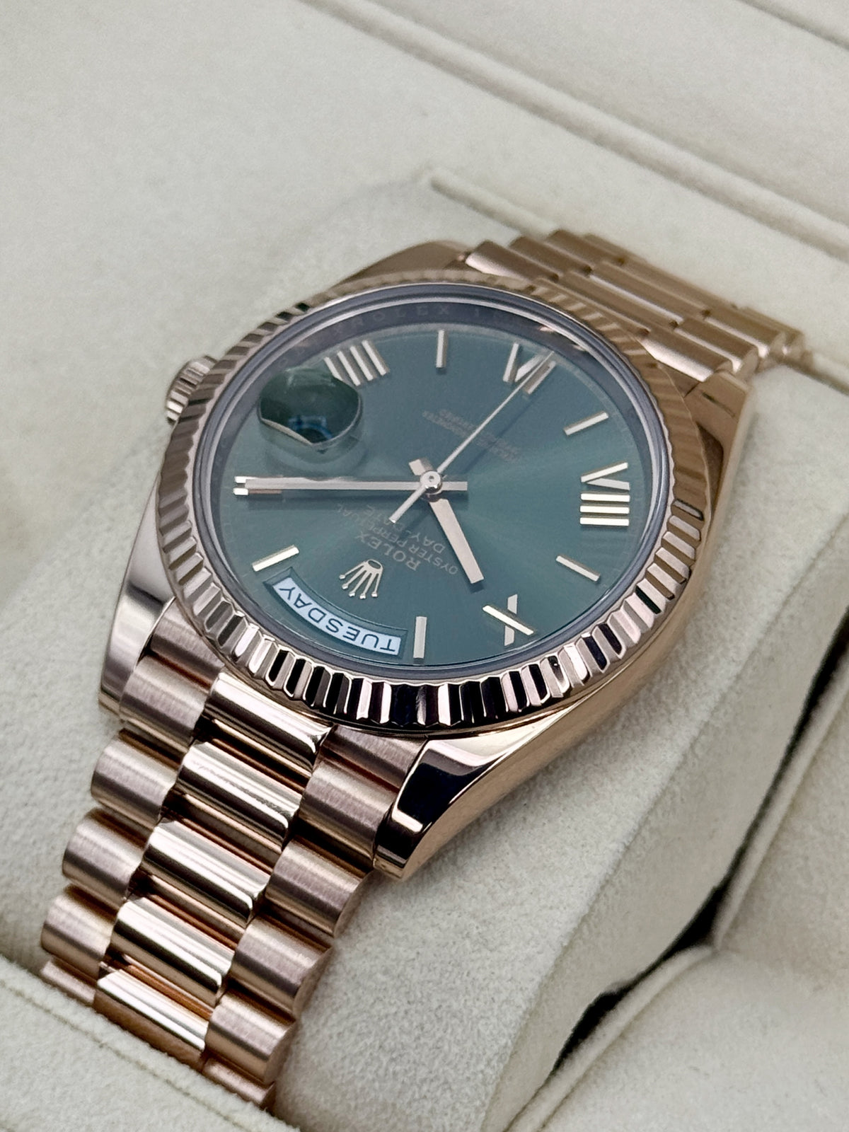 2021 Rolex Day-Date 40mm 228235 Presidential Rose Gold Olive Green Dial