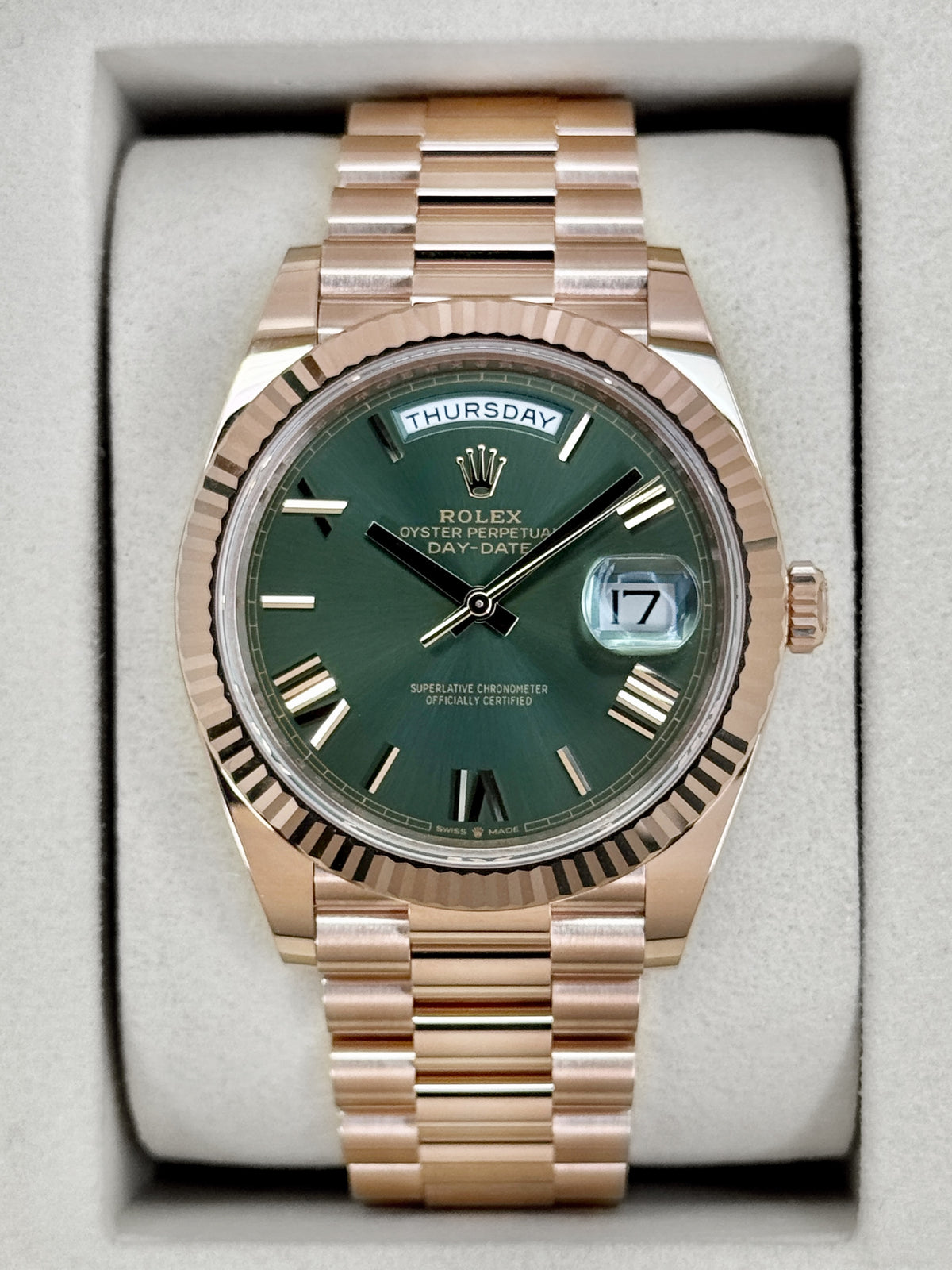 NEW 2026 Rolex Day-Date 40mm 228235 Presidential Rose Gold Olive Green Dial (NEW STYLE CARD)