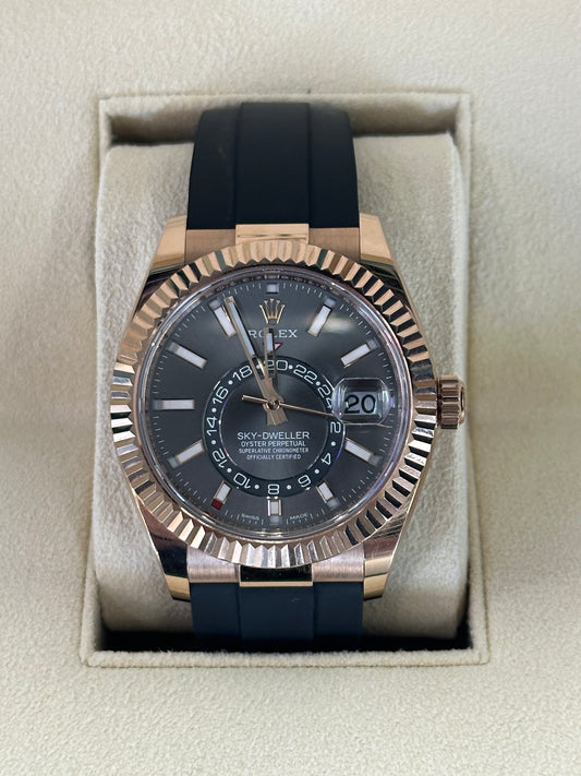 2021 Rolex Sky-Dweller 42mm 326235 Rose Gold Oysterflex Rhodium Dial