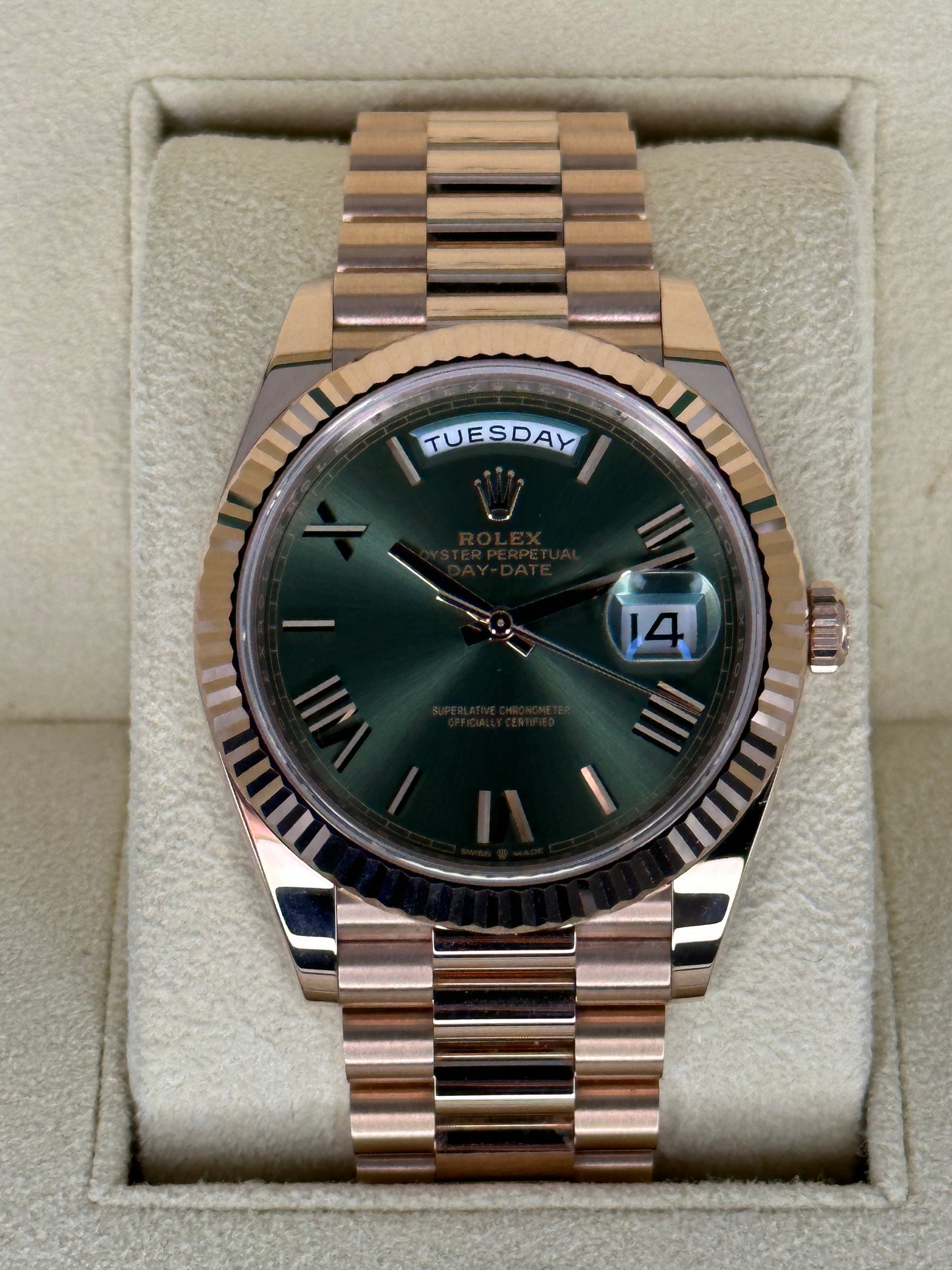 2022 Rolex Day-Date 40mm 228235 Presidential Rose Gold Olive Dial - MyWatchLLC