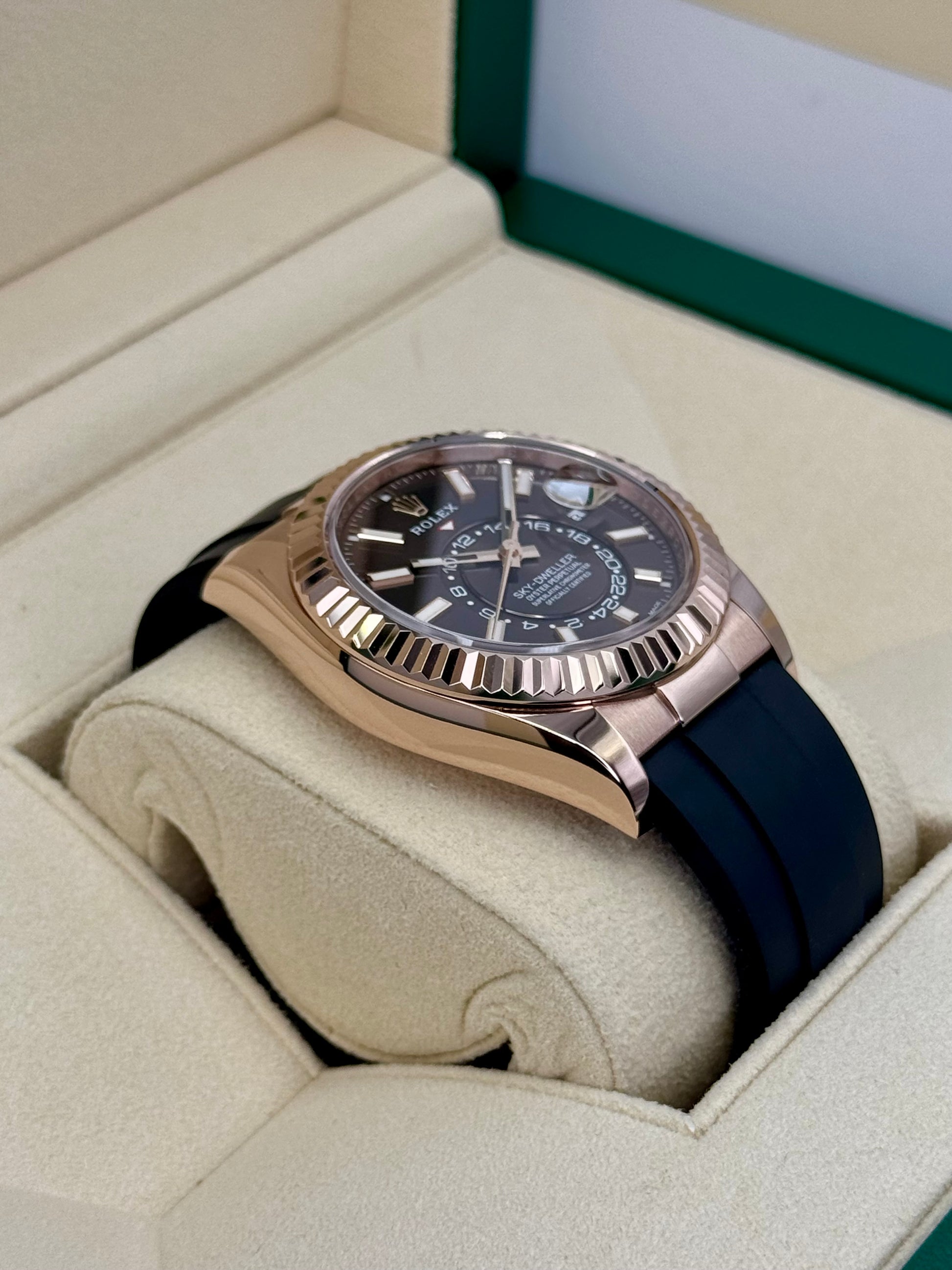 2022 Rolex Sky-Dweller 42mm 326235 Rose Gold Oysterflex Chocolate Dial - MyWatchLLC