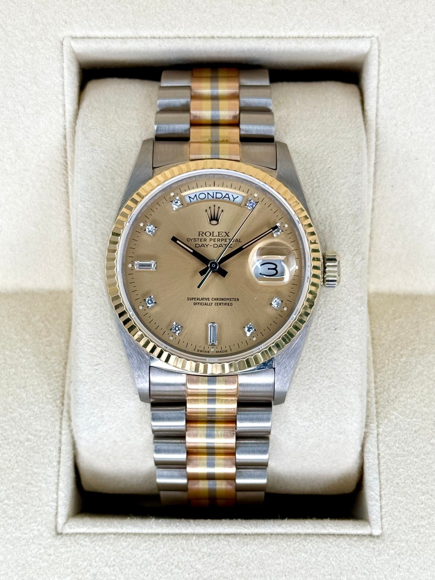 1985 Day-Date Rolex Tridor 36mm 18039B Jubilee Champagne Diamond Dial