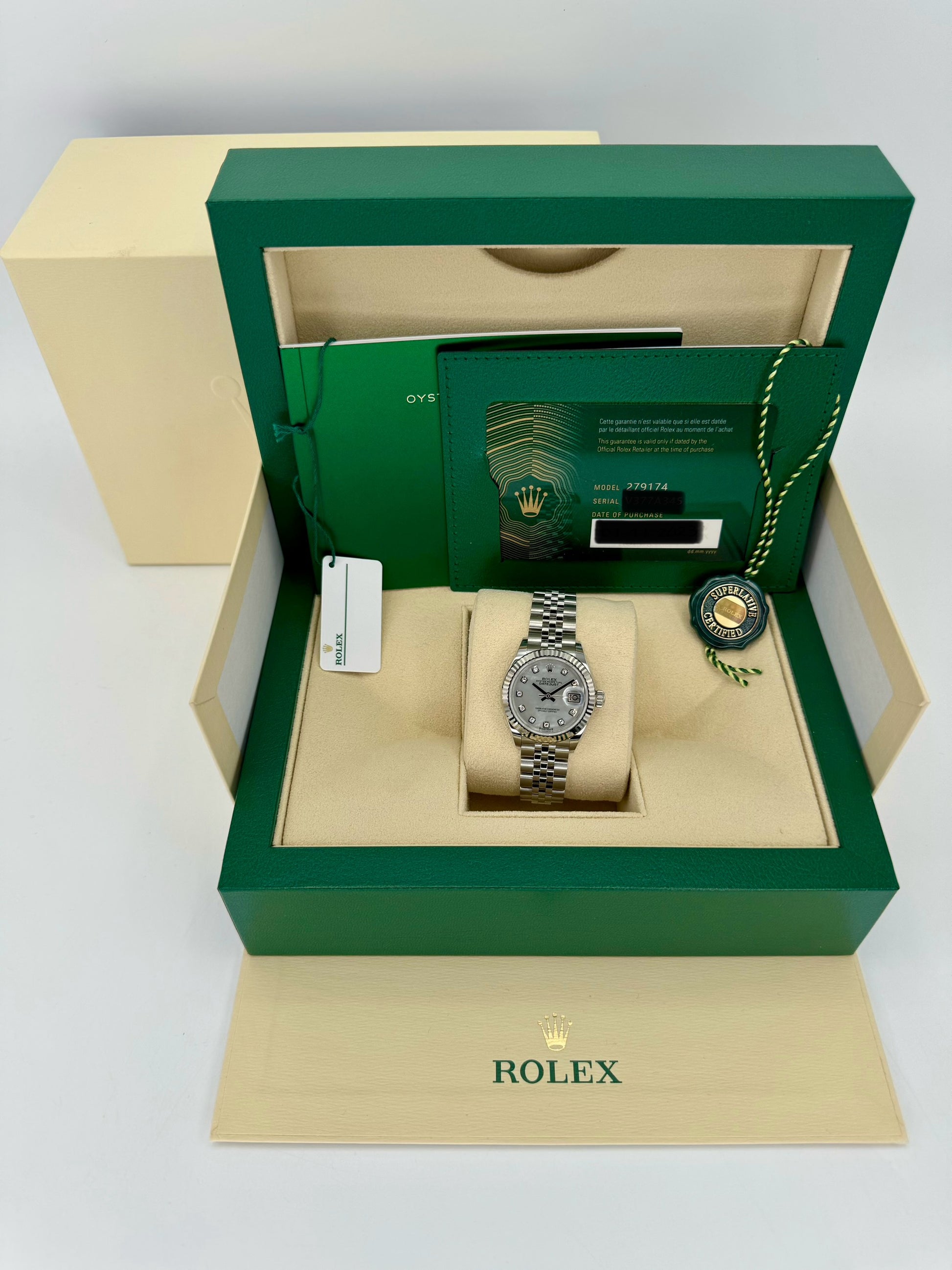 NEW 2023 Rolex Lady Datejust 28mm 279174 Jubilee MOP Diamond Dial - MyWatchLLC