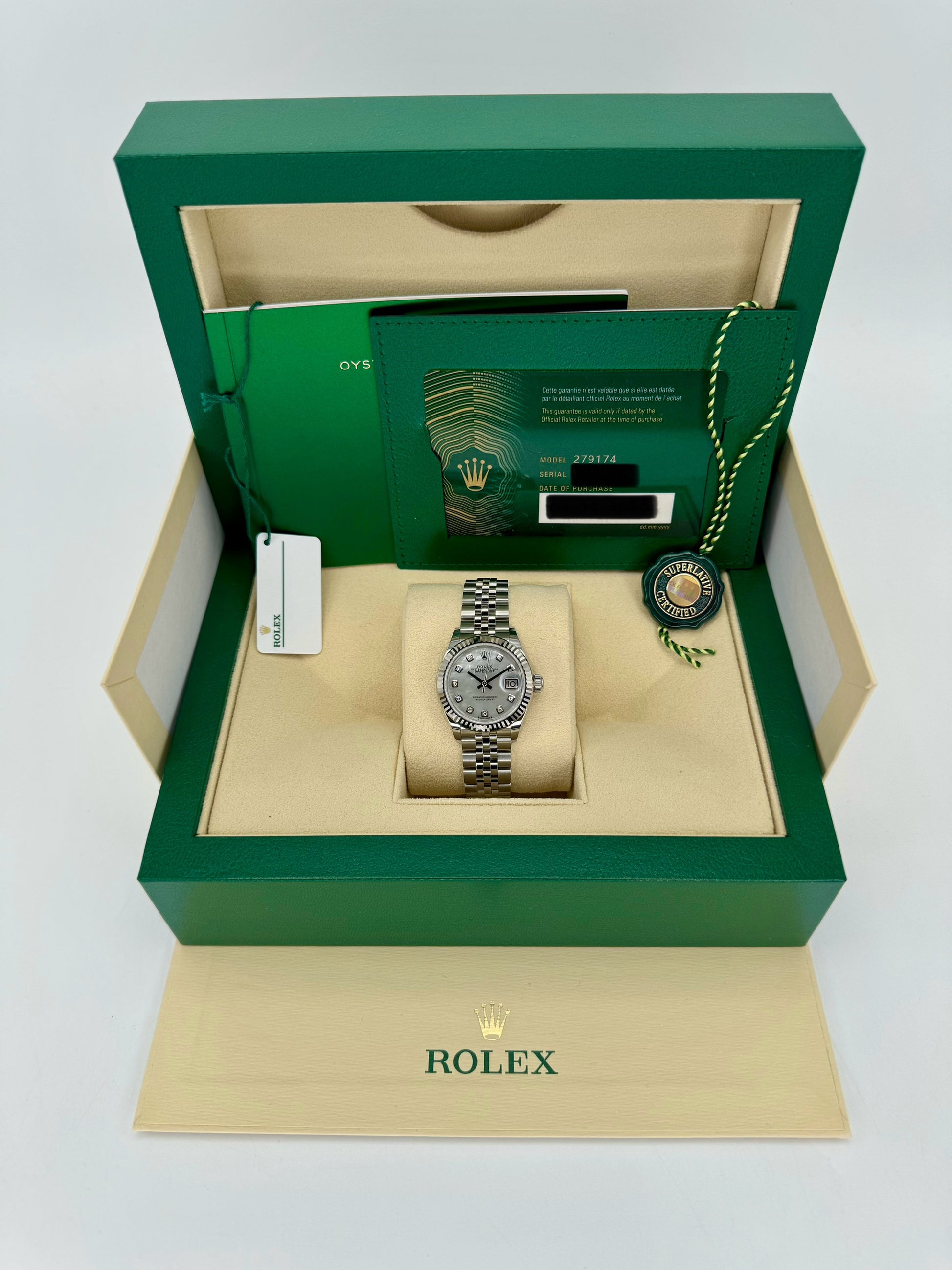 NEW 2023 Rolex Lady Datejust 28mm 279174 Jubilee MOP Diamond Dial - MyWatchLLC