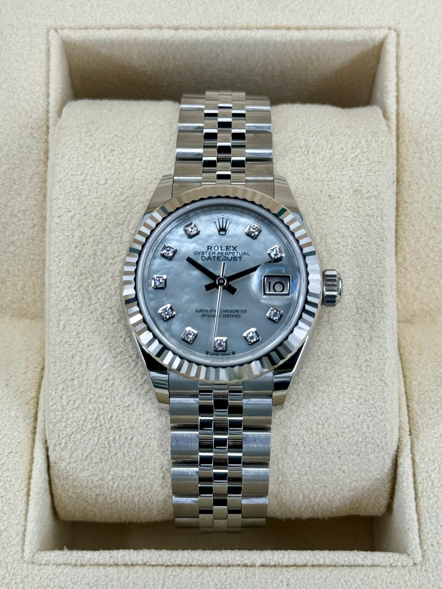 NEW 2023 Rolex Lady Datejust 28mm 279174 Jubilee MOP Diamond Dial - MyWatchLLC