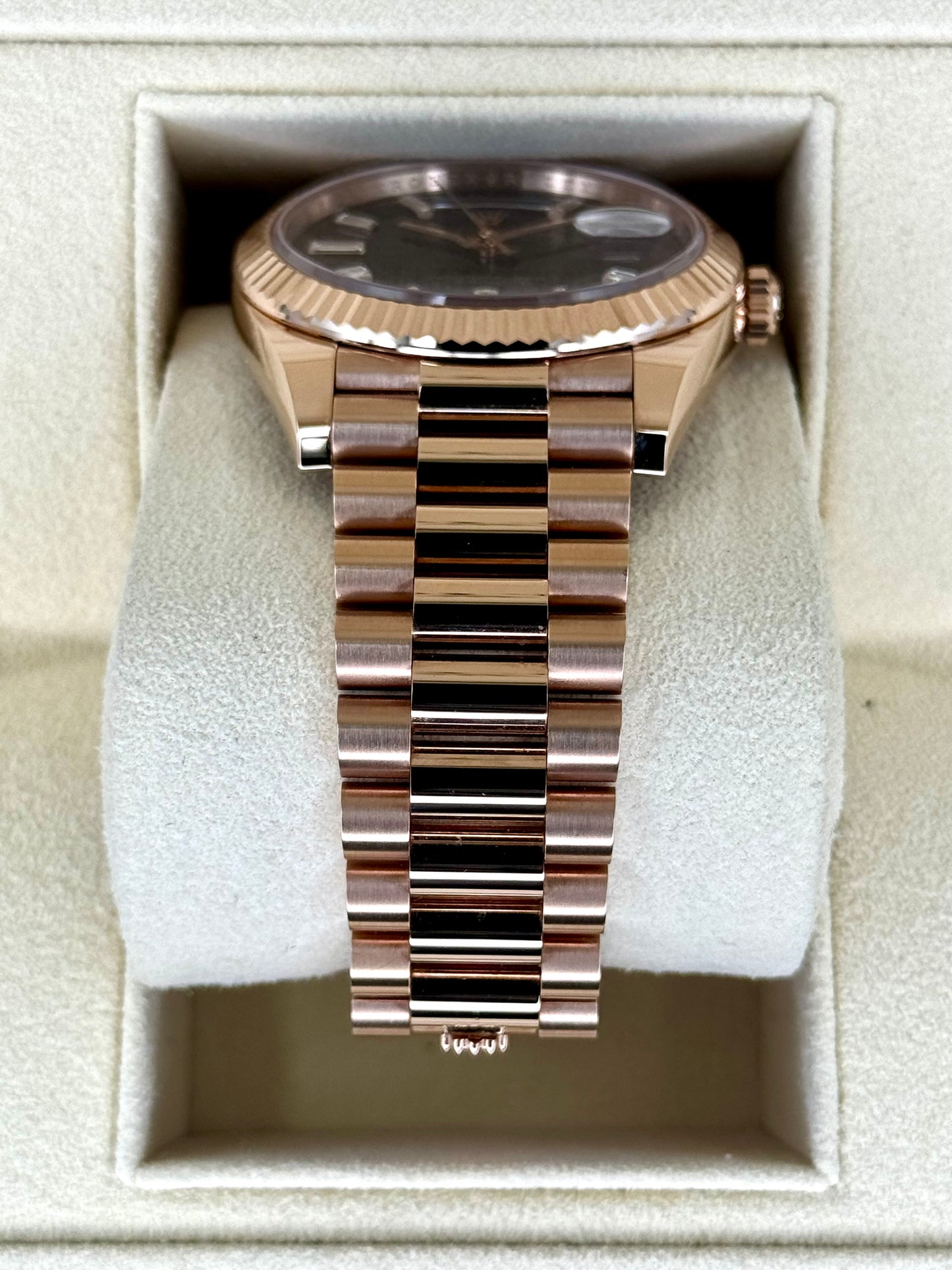 2022 Rolex Day-Date 40mm 228235 Rose Gold Chocolate Diamond Baguette