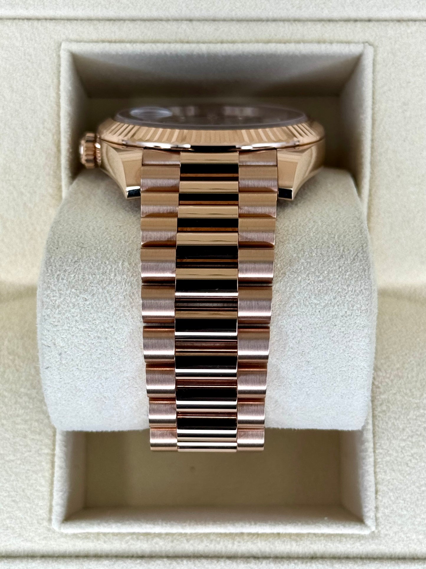 2022 Rolex Day-Date 40mm 228235 Rose Gold Chocolate Diamond Baguette