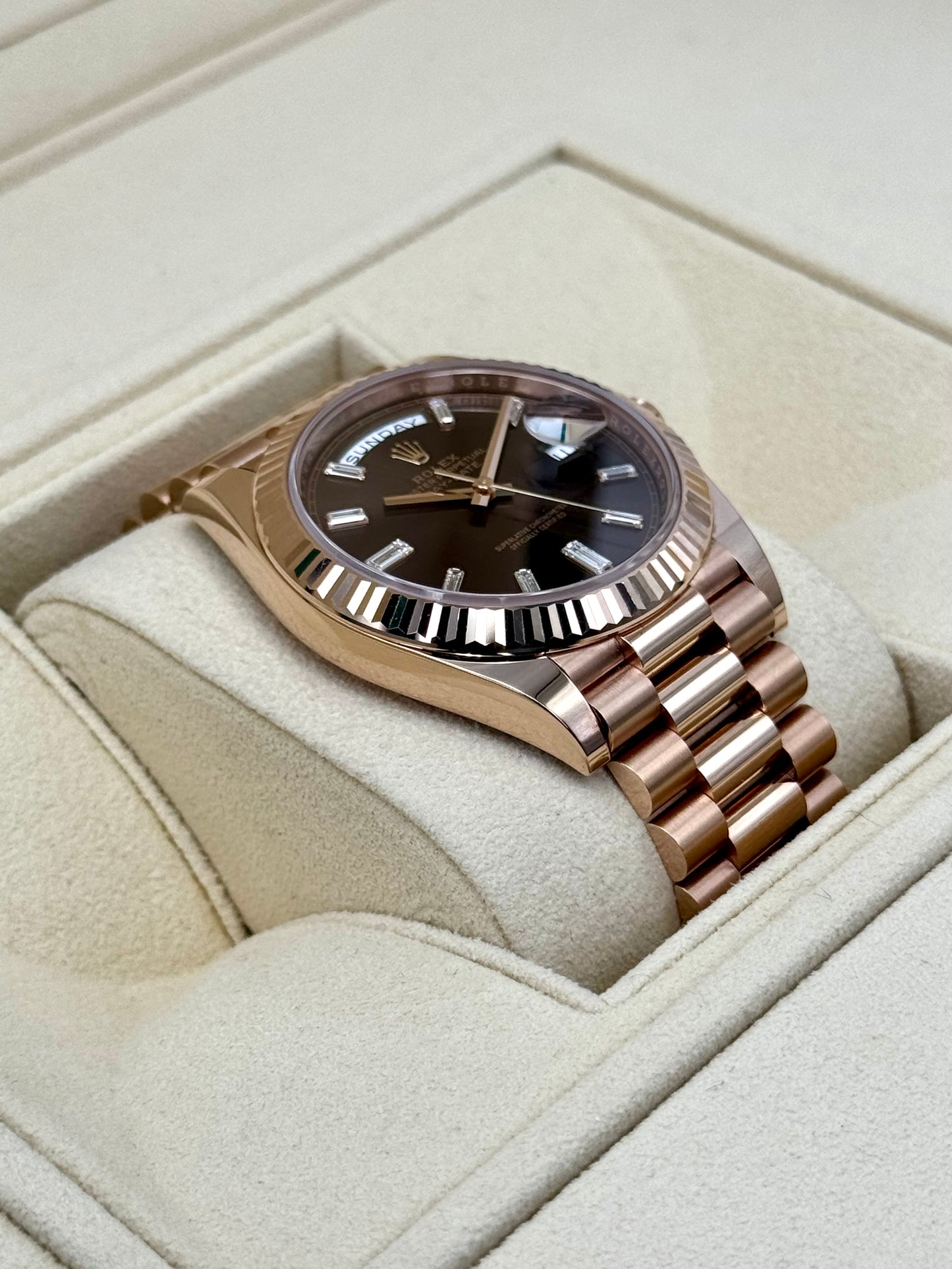 2022 Rolex Day-Date 40mm 228235 Rose Gold Chocolate Diamond Baguette