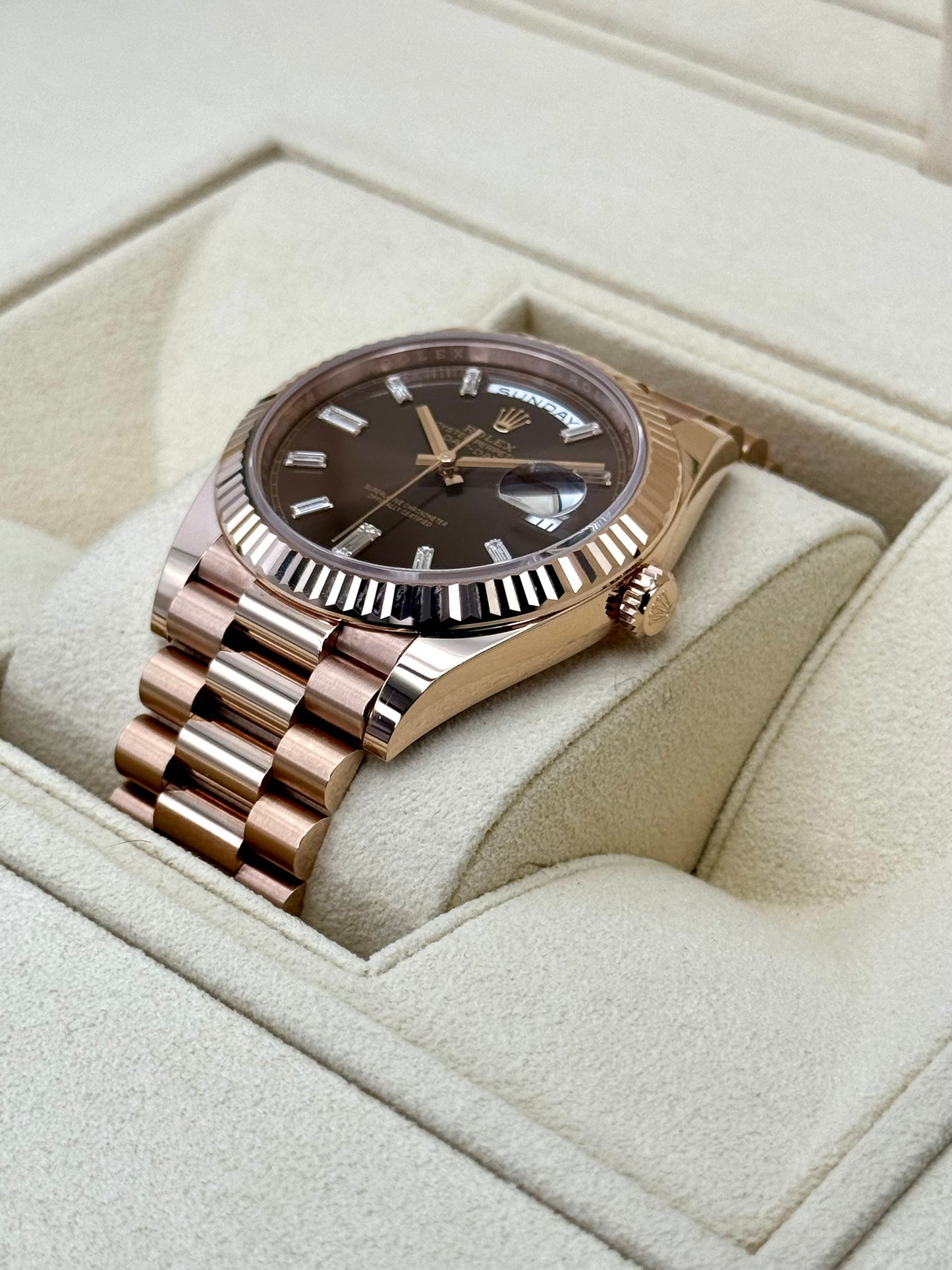 2022 Rolex Day-Date 40mm 228235 Rose Gold Chocolate Diamond Baguette