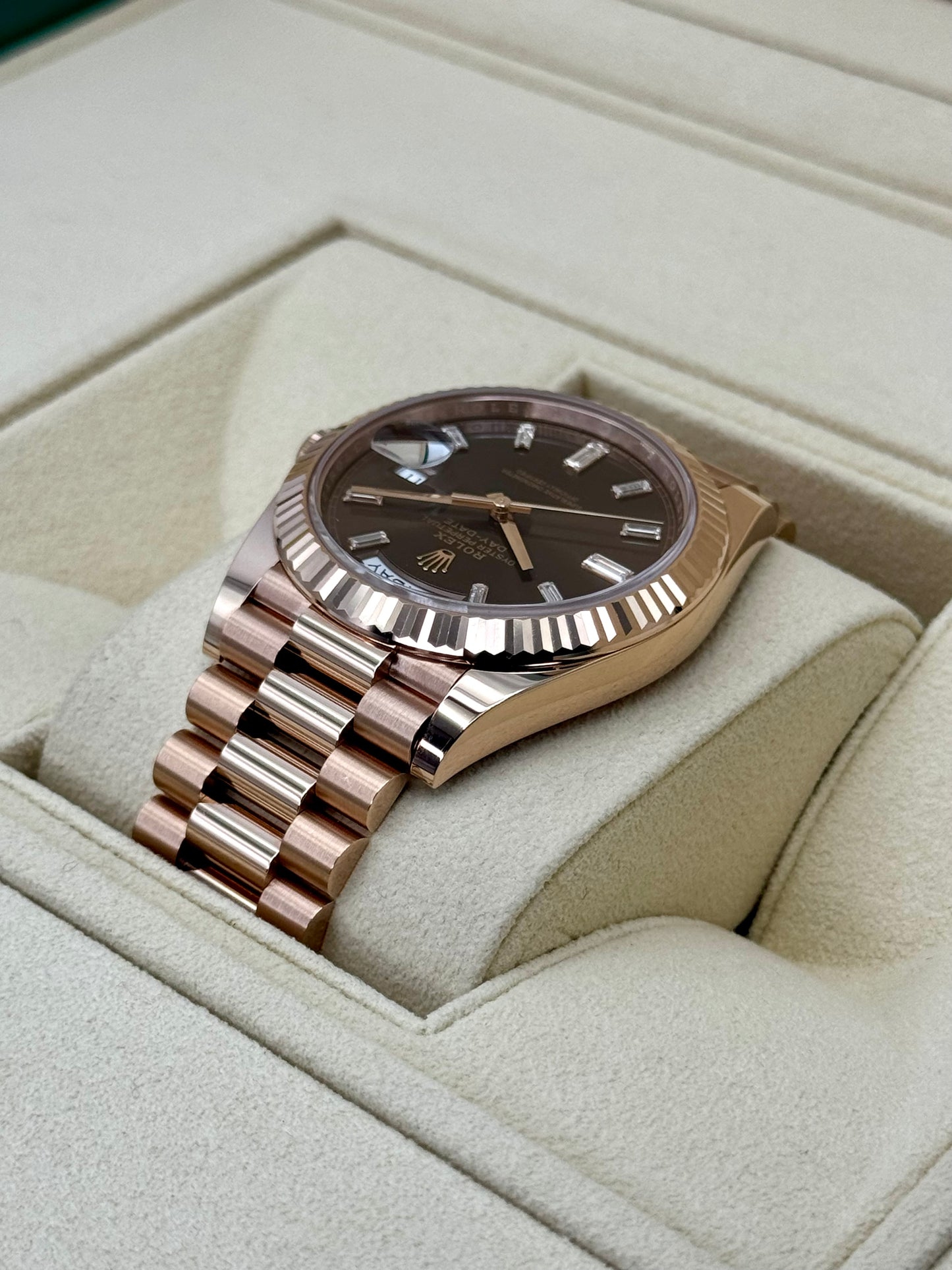 2022 Rolex Day-Date 40mm 228235 Rose Gold Chocolate Diamond Baguette