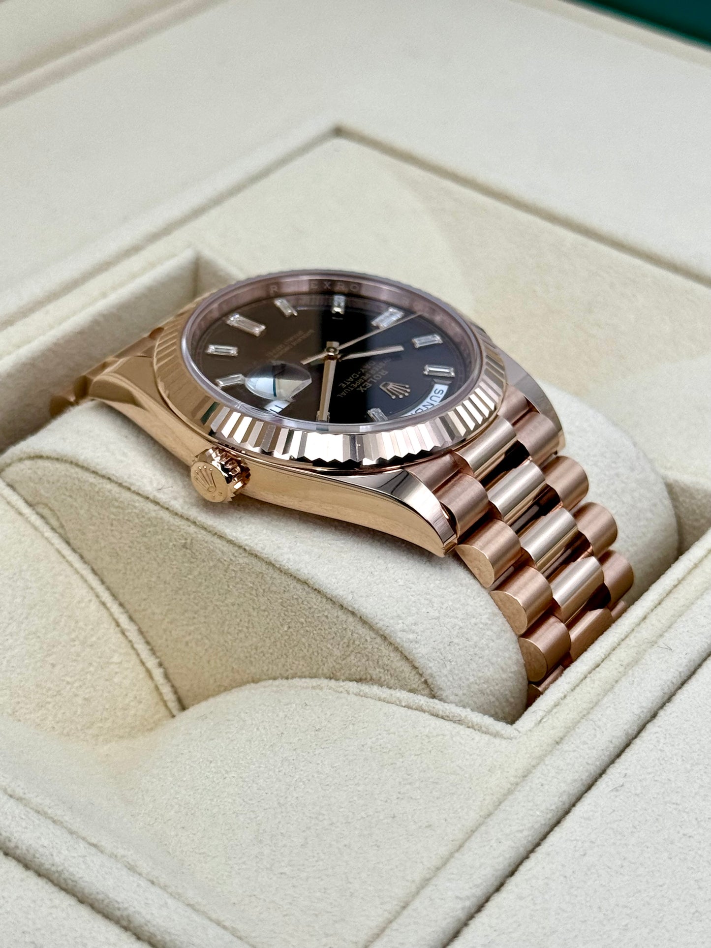 2022 Rolex Day-Date 40mm 228235 Rose Gold Chocolate Diamond Baguette