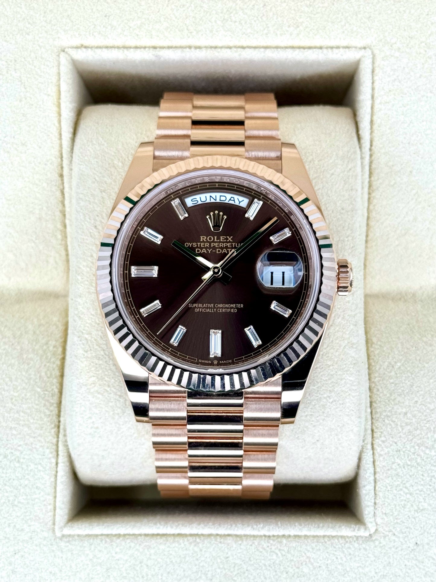 2022 Rolex Day-Date 40mm 228235 Rose Gold Chocolate Diamond Baguette